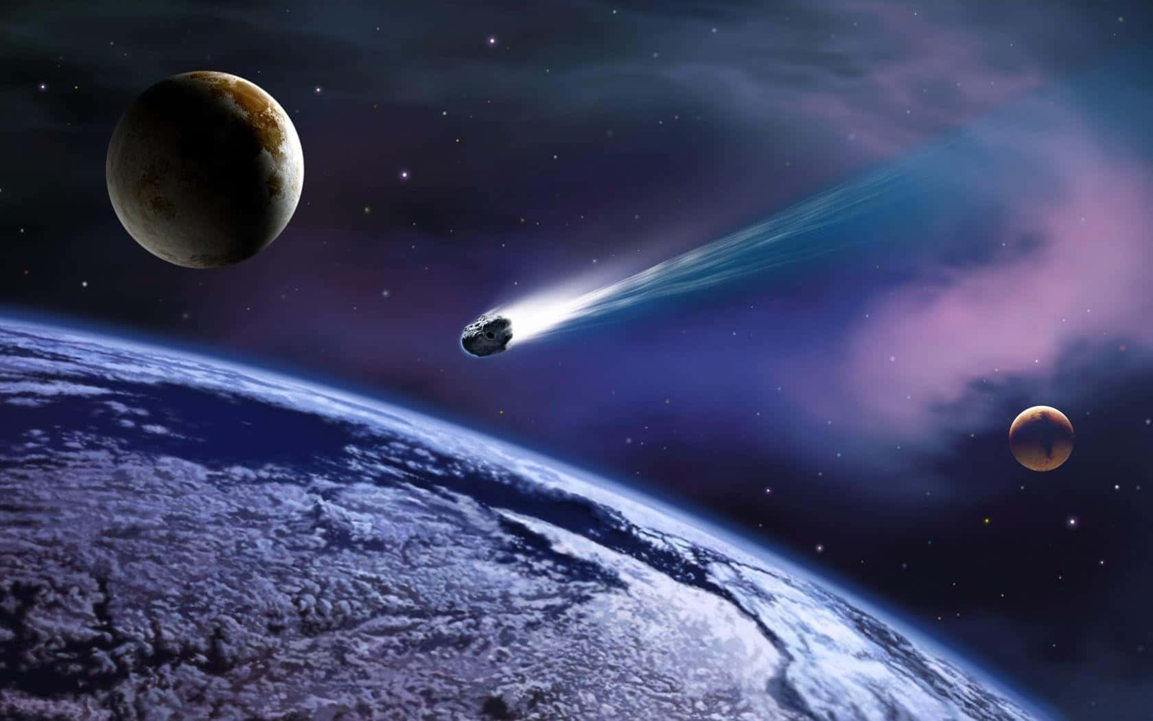 Asteroid 桌布 壁紙 — 一顆發光的彗星劃過地球，伴隨兩個月亮，在繁星點點的宇宙天空中。