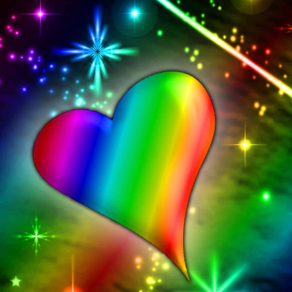 Rainbow Heart 桌布 壁紙 — 一顆發光的彩虹心臟在閃爍的星星和彩色激光束中漂浮，構成宇宙場景。