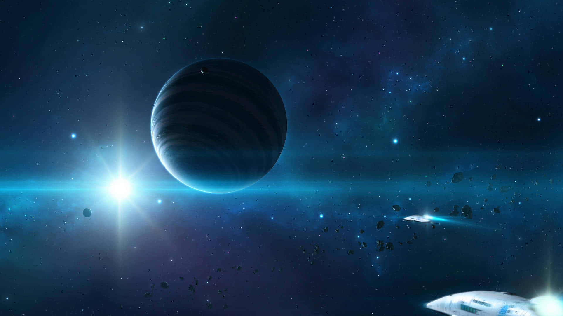 Beautiful Space 桌布 壁紙 — 一顆發光的星星照亮了一顆條紋氣體巨星和一艘在深藍色宇宙空間中穿越小行星帶的太空船。