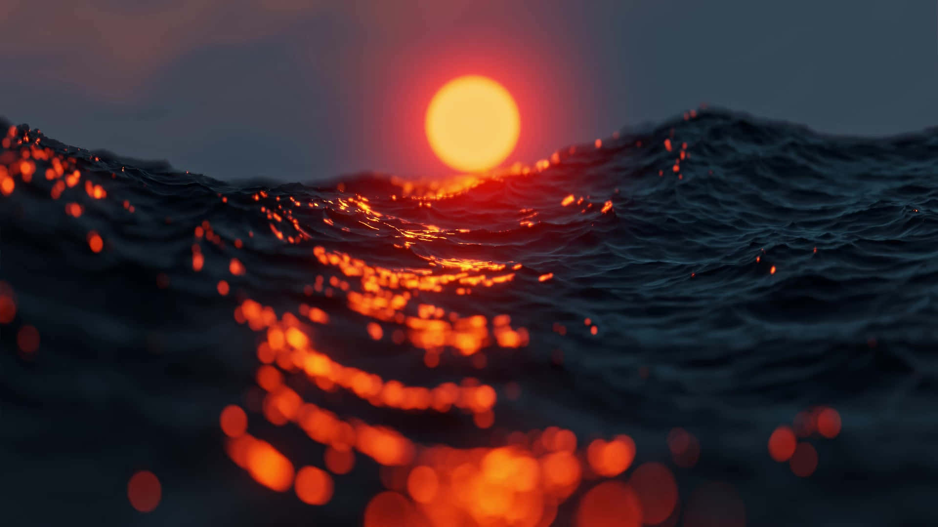 Sunset Ocean 桌布 壁紙 — 一顆發光的橙色太陽在黑暗的海浪上落下，反射出火熱的光芒，呈現出寧靜的數位海景。