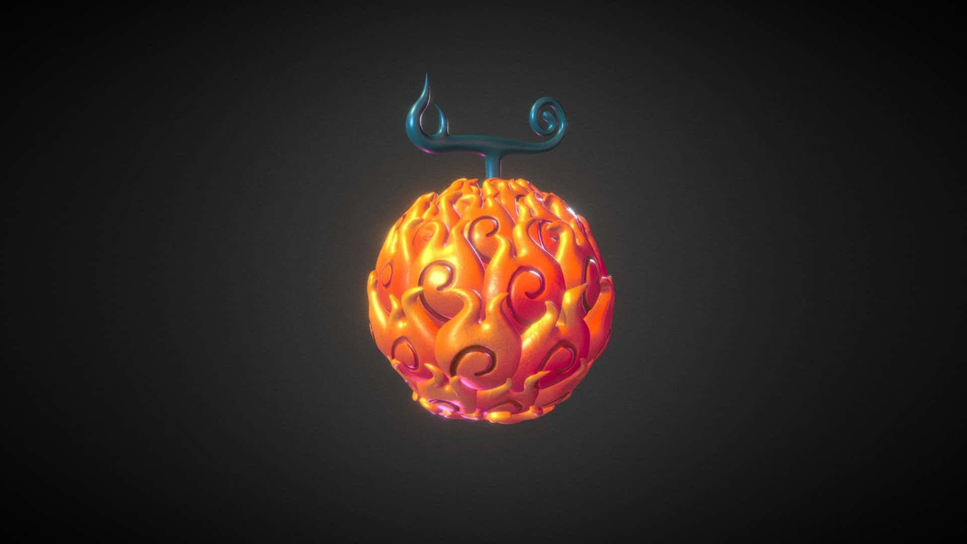 Devil Fruit 桌布 壁紙 — 一顆發光的橙色惡魔果實，帶有漩渦圖案和藍色莖，背景為深色漸變。