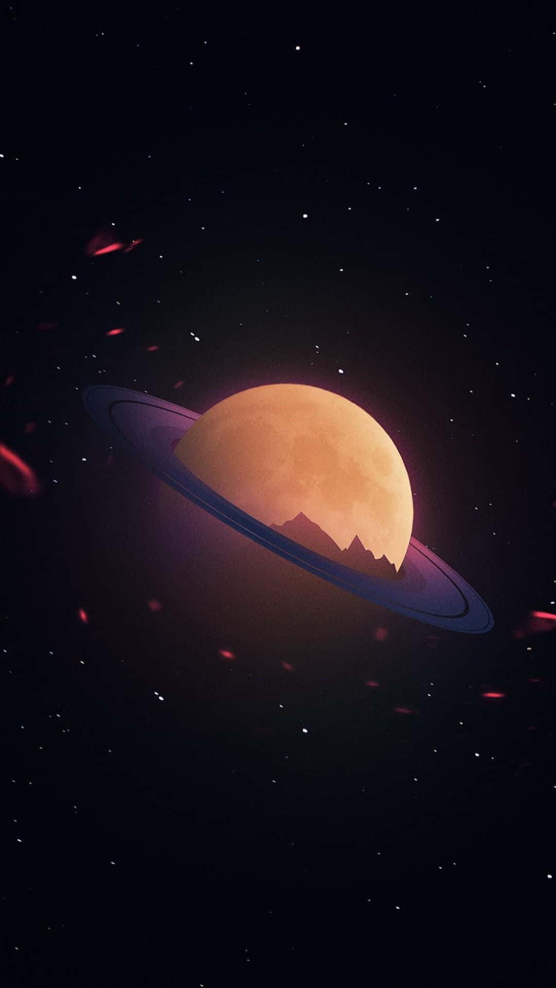 土星 桌布 壁紙 — 一顆發光的橙色行星，帶有暗環和鋸齒狀的山脈輪廓，背景是繁星點點的宇宙。