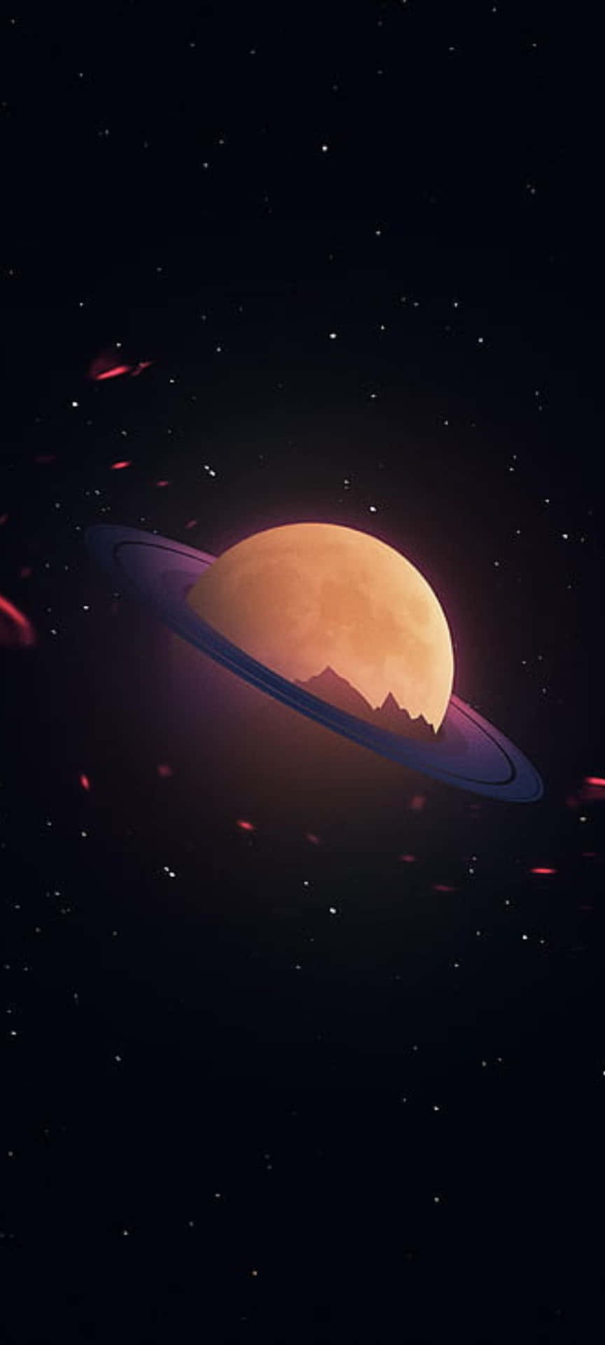 Samsung S20 桌布 壁紙 — 一顆發光的橙色行星，帶有暗色環系統，背景是星空宇宙，漂浮著紅色粒子。
