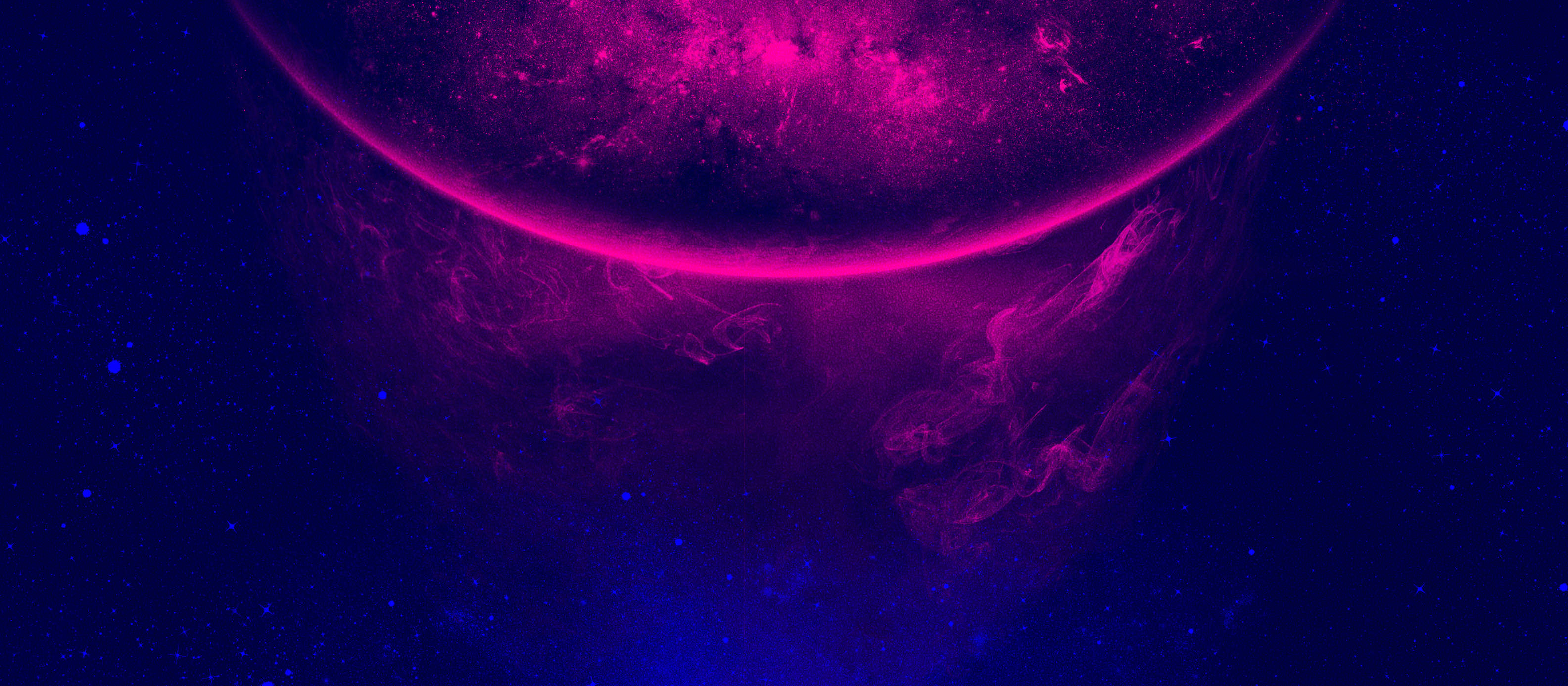 背景 桌布 壁紙 — 一顆發光的洋紅色行星在佈滿星星的深藍色宇宙天空中劃過，伴隨著旋轉的星雲。