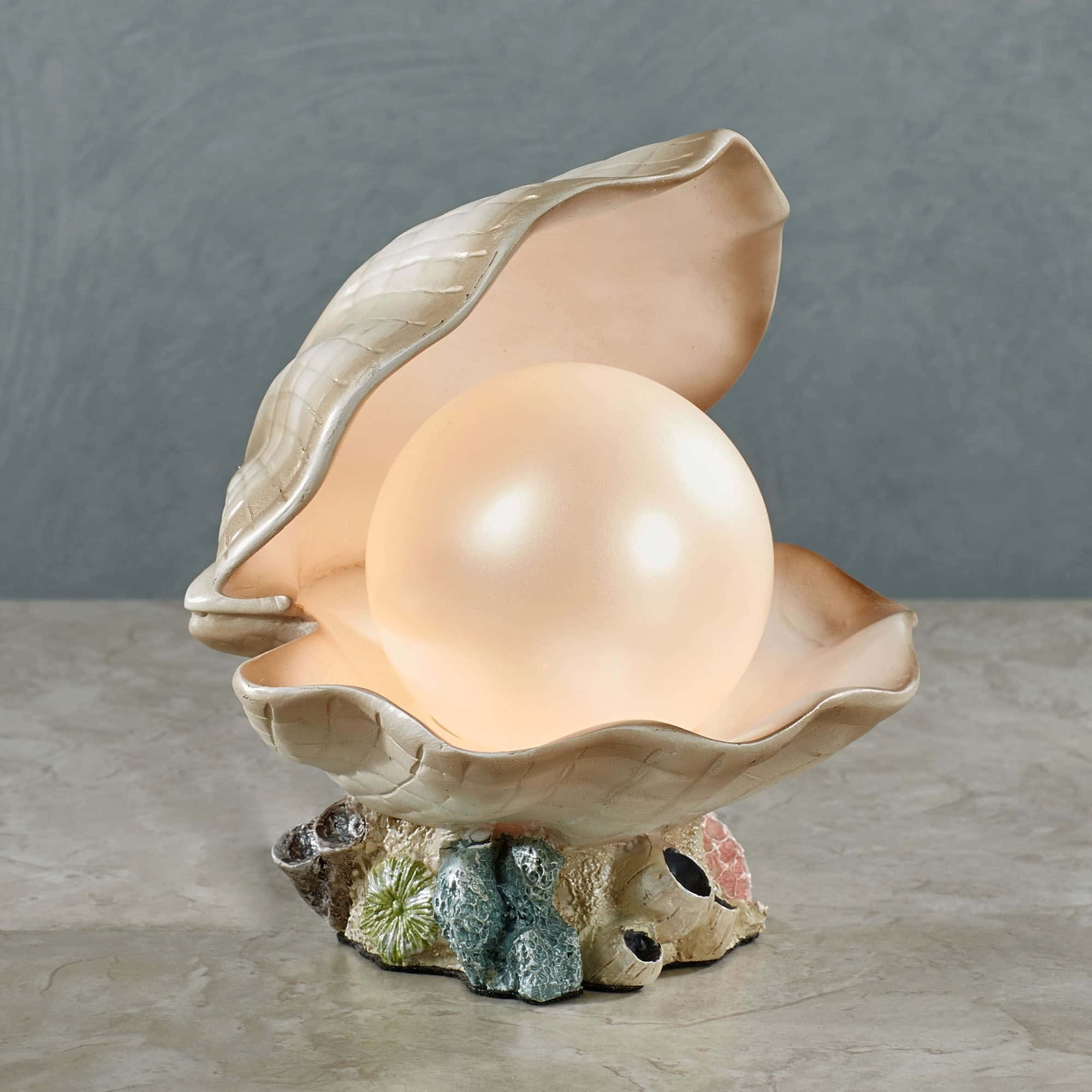 Clam Shell 桌布 壁紙 — 一顆發光的珍珠嵌在開放的貝殼中，底部是珊瑚，背景是灰色牆壁。