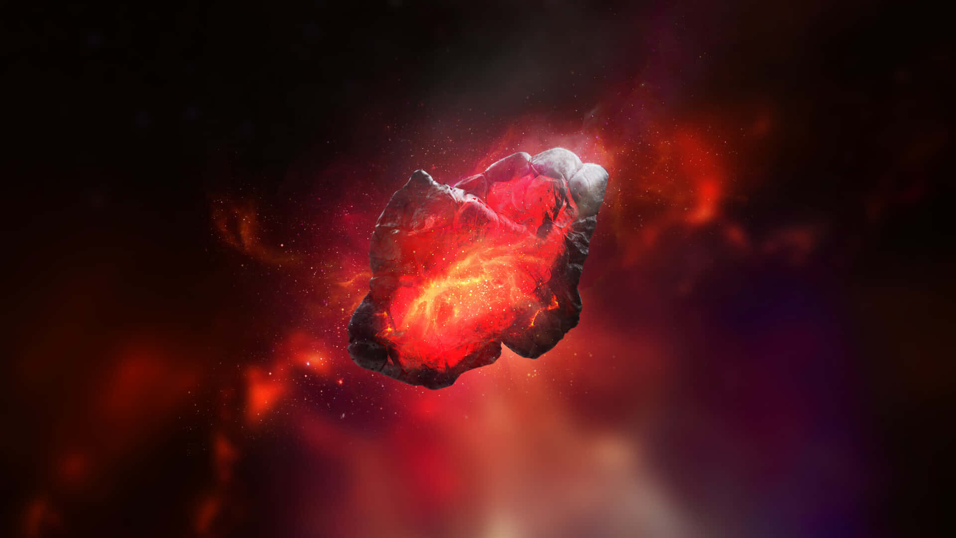 Reality Stone 桌布 壁紙 — 一顆發光的紅色宇宙岩石在充滿旋轉深紅和紫色氣體的黑暗星雲中脈動著熾熱的能量。