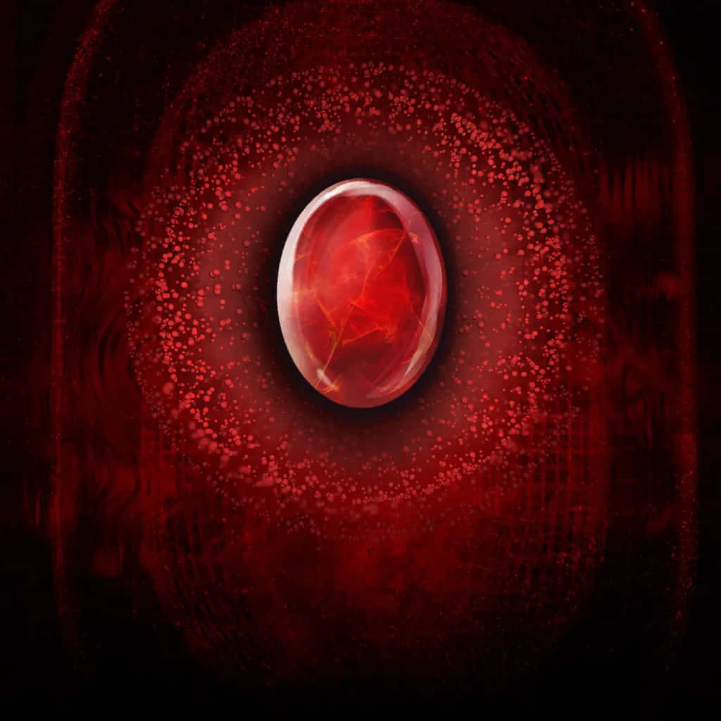 Reality Stone 桌布 壁紙 — 一顆發光的紅色寶石在黑暗抽象虛空中被旋轉粒子包圍，內在光芒脈動。