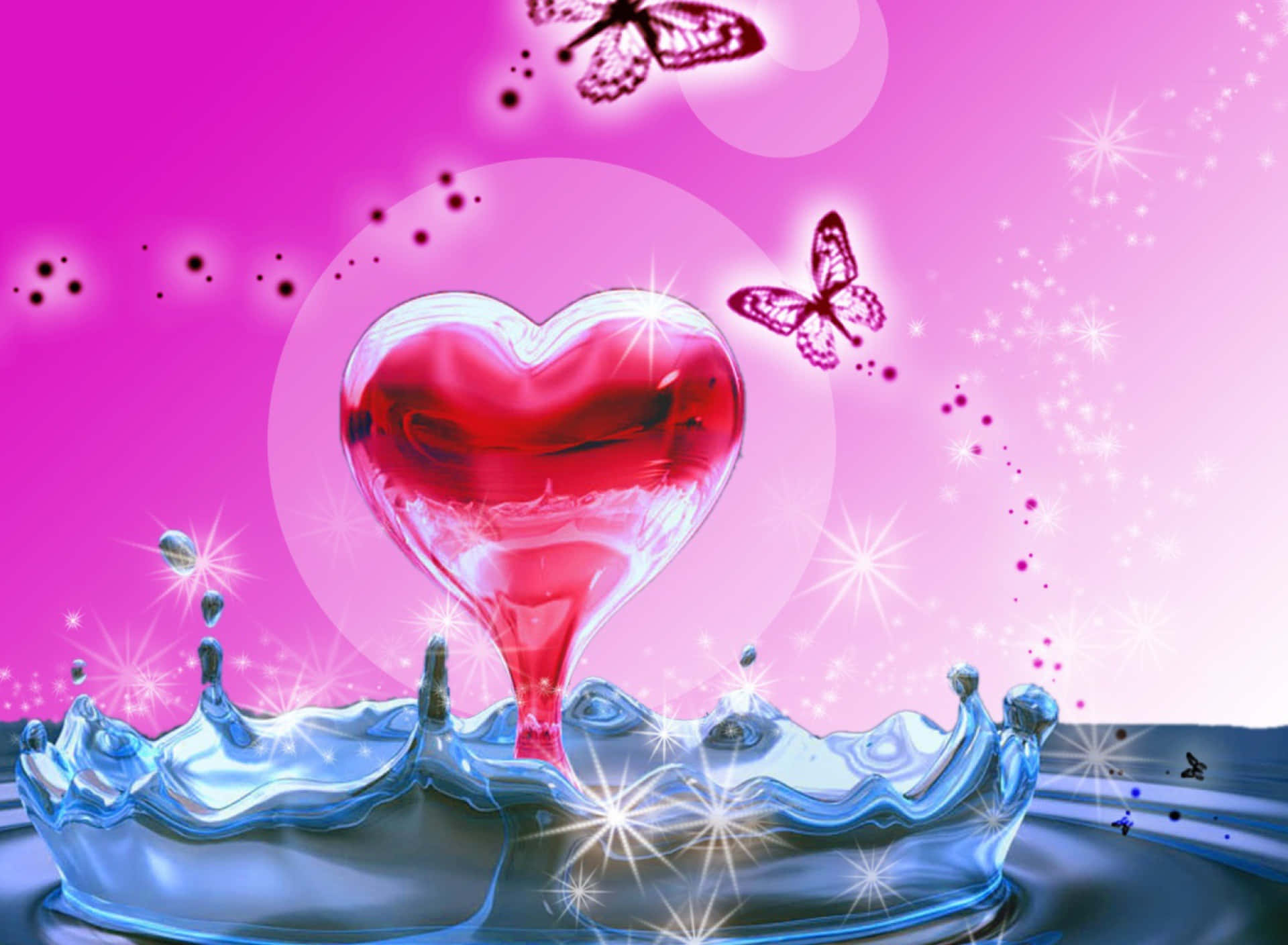 3d Heart 桌布 壁紙 — 一顆發光的紅色心形水滴濺入藍色水中，背景是充滿活力的粉紅色，帶有閃爍的蝴蝶。