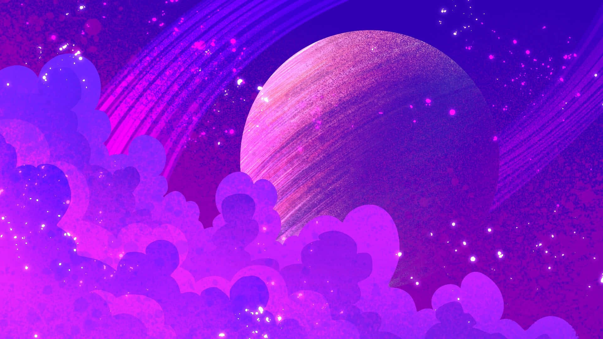 Animated Desktop 桌布 壁紙 — 一顆發光的紫色行星帶有旋轉的環，漂浮在星空下蓬鬆的宇宙雲層之上。