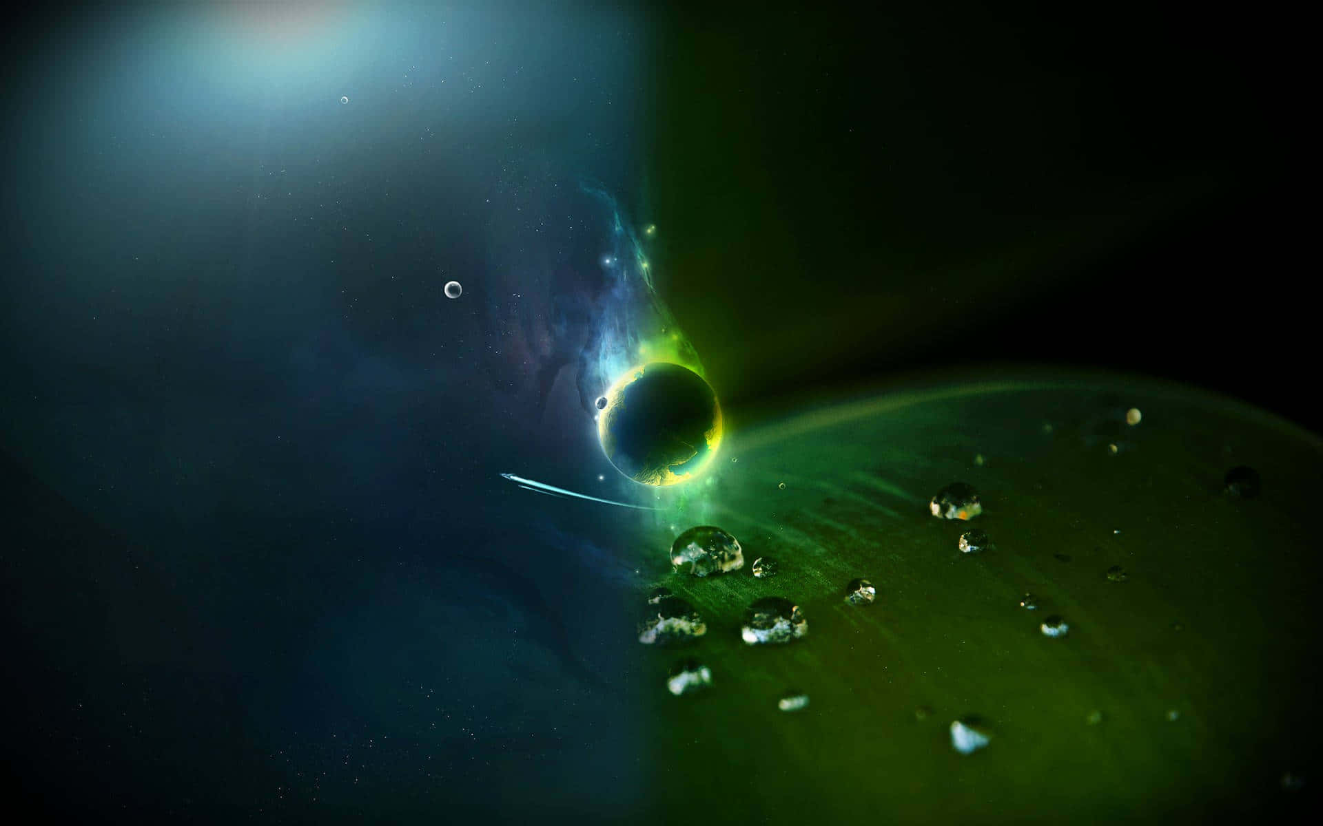 cg 桌布 壁紙 — 一顆發光的綠色行星帶有明亮的光環，在繁星點點的宇宙背景下繞著一個黑暗的天體運行。