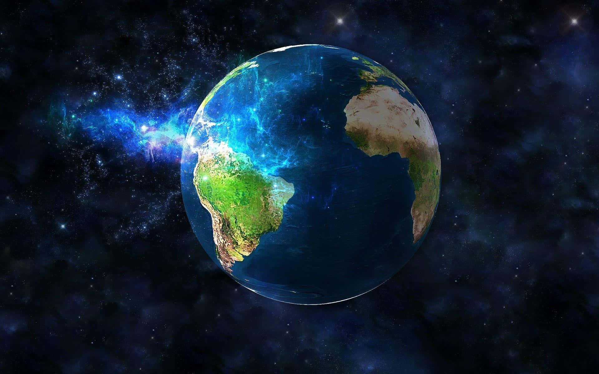 3d Earth 桌布 壁紙 — 一顆發光的藍色地球伴隨著鮮豔的極光在繁星宇宙中舞動，在宇宙星雲背景下展示各大洲。