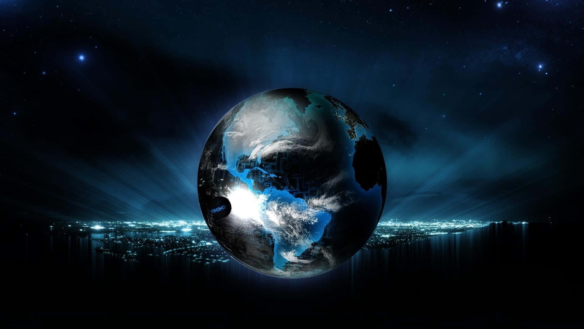 Cool Space 桌布 壁紙 — 一顆發光的藍色地球漂浮在夜晚的城市景觀之上，星星和宇宙射線照亮了場景。
