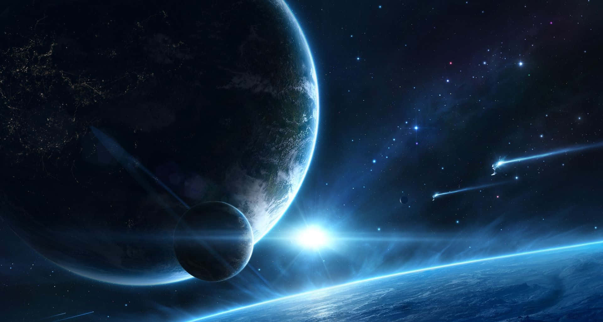 Cool Space 桌布 壁紙 — 一顆發光的藍色太陽在行星彎曲的地平線上升起，伴隨著月亮和流星在繁星點點的夜空中。