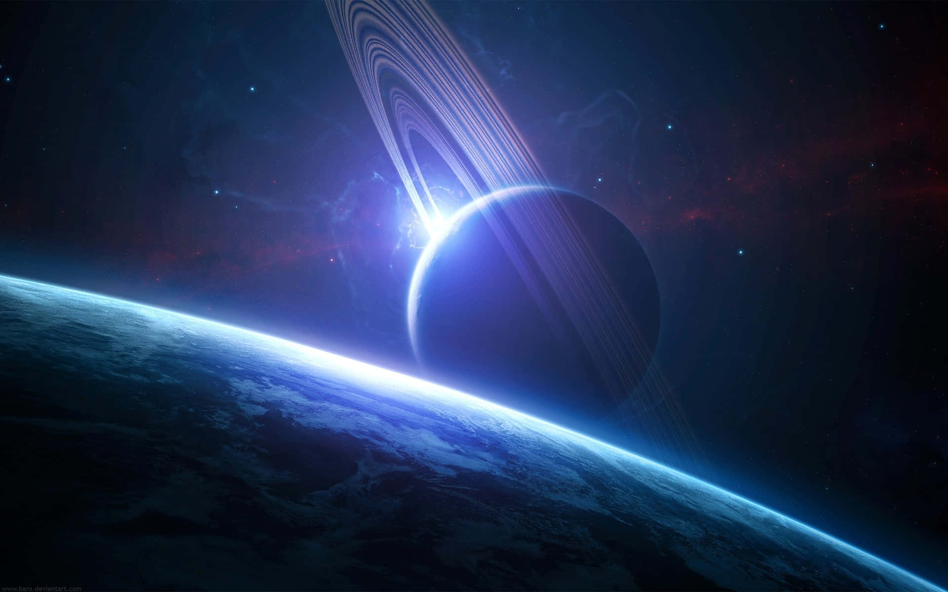 土星 桌布 壁紙 — 一顆發光的藍色環狀行星在星雲和恆星的宇宙背景下遮蔽了一顆恆星。
