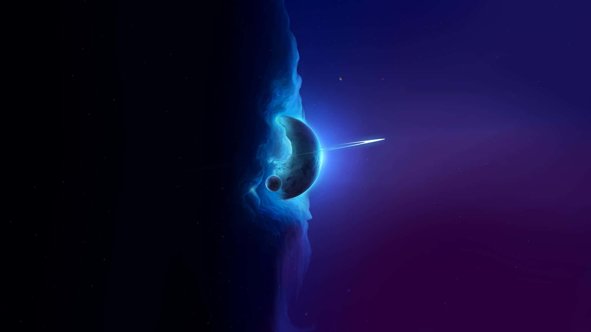 Space Art 桌布 壁紙 — 一顆發光的藍色行星，帶有新月和劃過的彗星，背景是漸變的紫色和黑色宇宙。