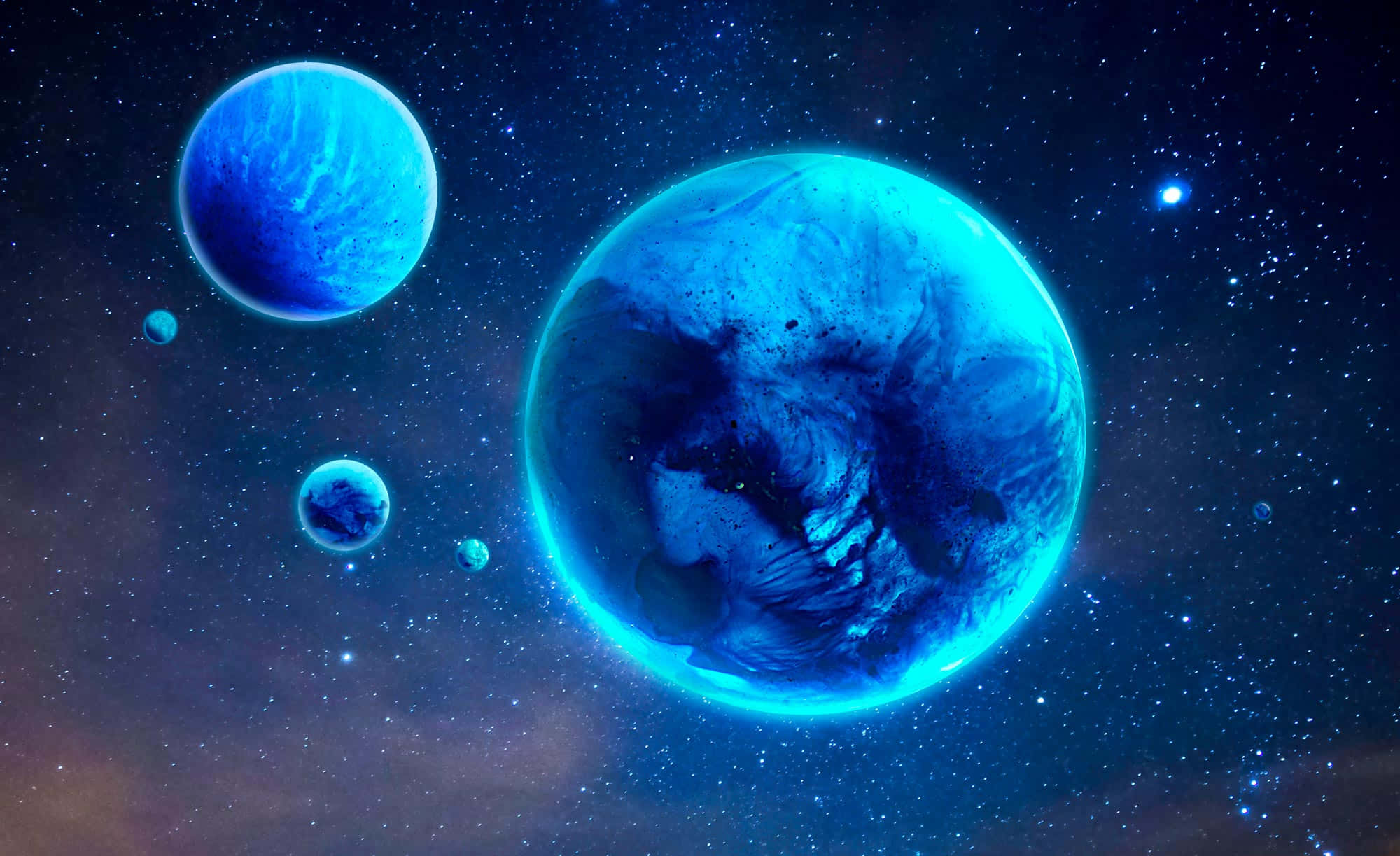 Blue Planet 桌布 壁紙 — 一顆發光的藍色行星，帶有旋轉的雲層，主宰著繁星點點的宇宙場景，附近漂浮著較小的天體。