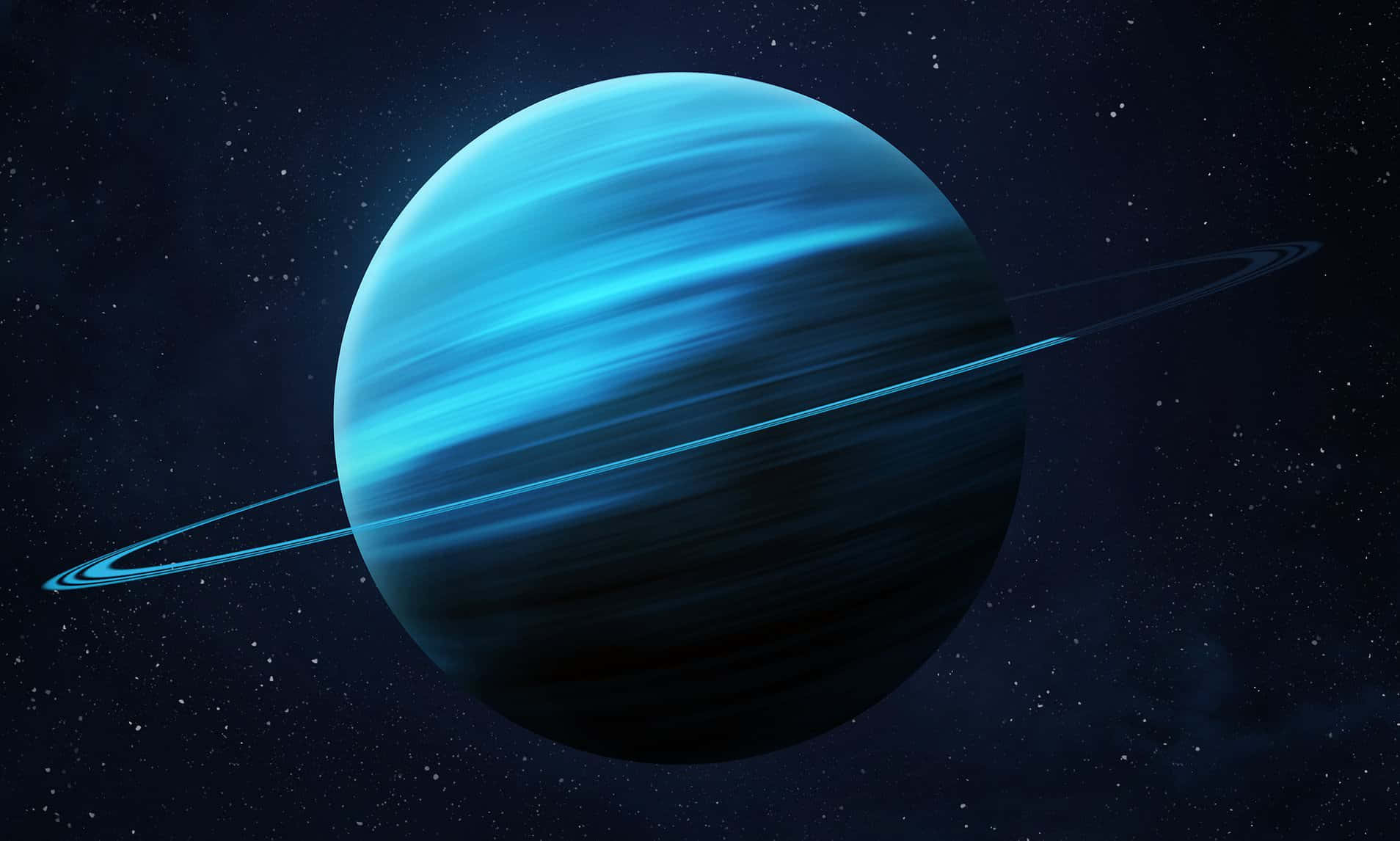 Uranus 桌布 壁紙 — 一顆發光的藍色行星，帶有旋轉的雲層和一個薄環，在佈滿星辰的宇宙虛空中運行。