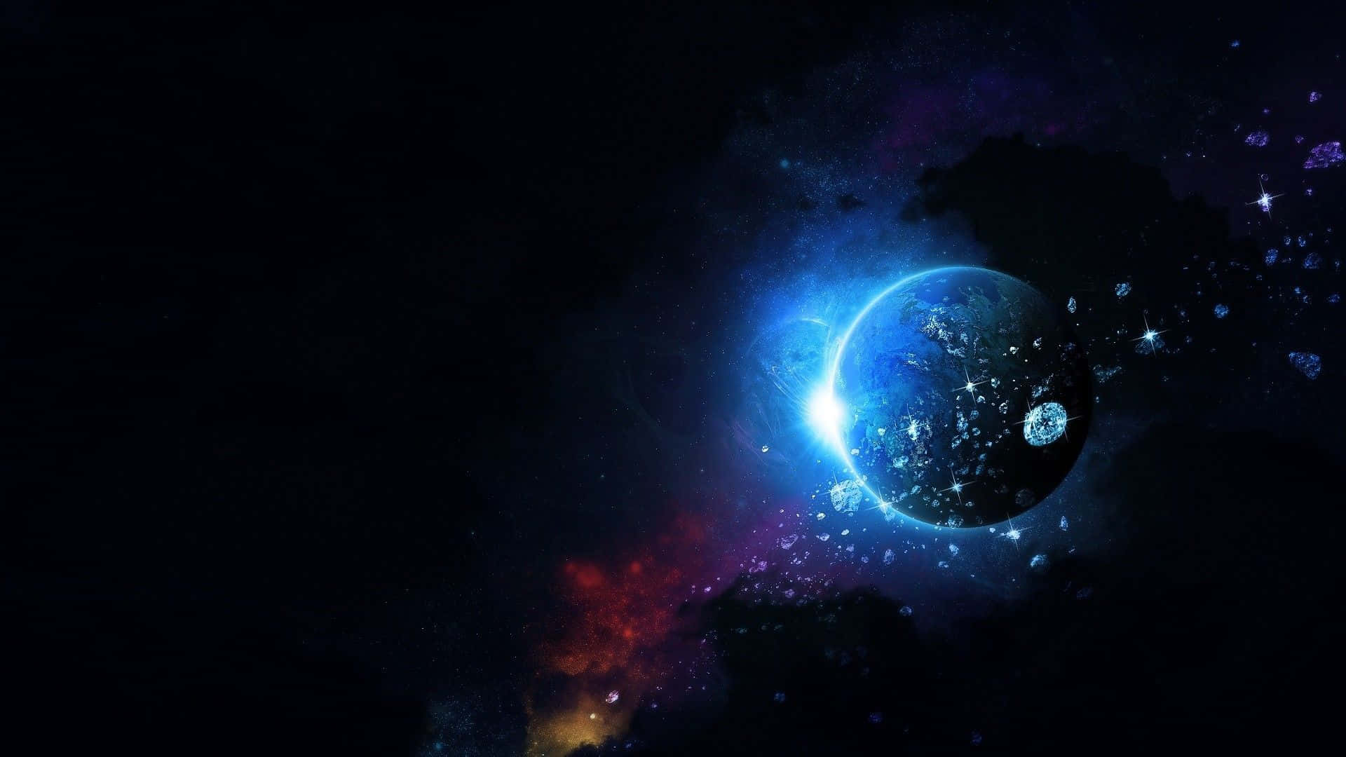 Celestial Bodies 桌布 壁紙 — 一顆發光的藍色行星，帶有明亮的彎月形陽光，照亮了充滿星星和彩色星雲的宇宙場景。
