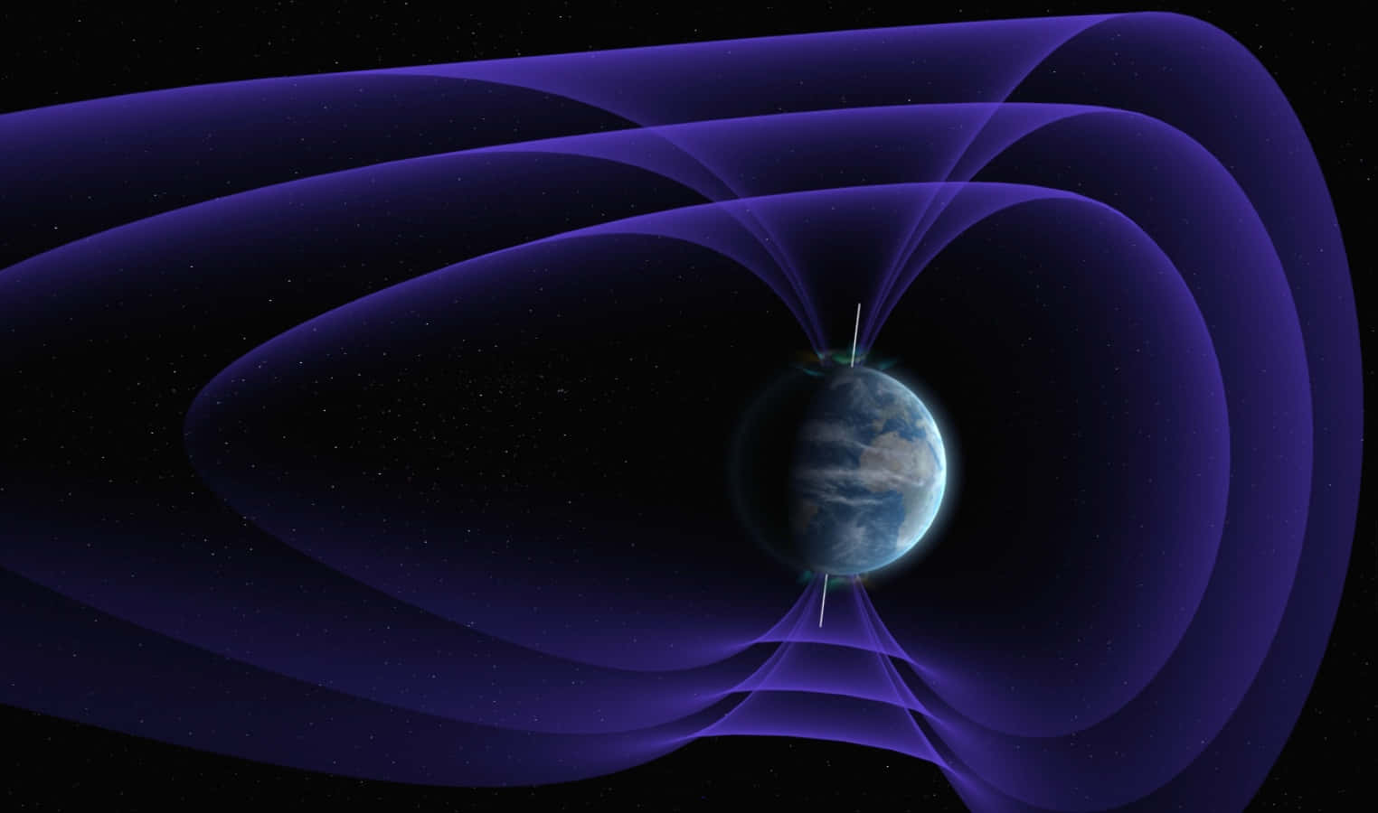 Magnetic Field 桌布 壁紙 — 一顆發光的藍色行星，被動態的紫色磁場線包圍，背景是佈滿星斗的黑色虛空。