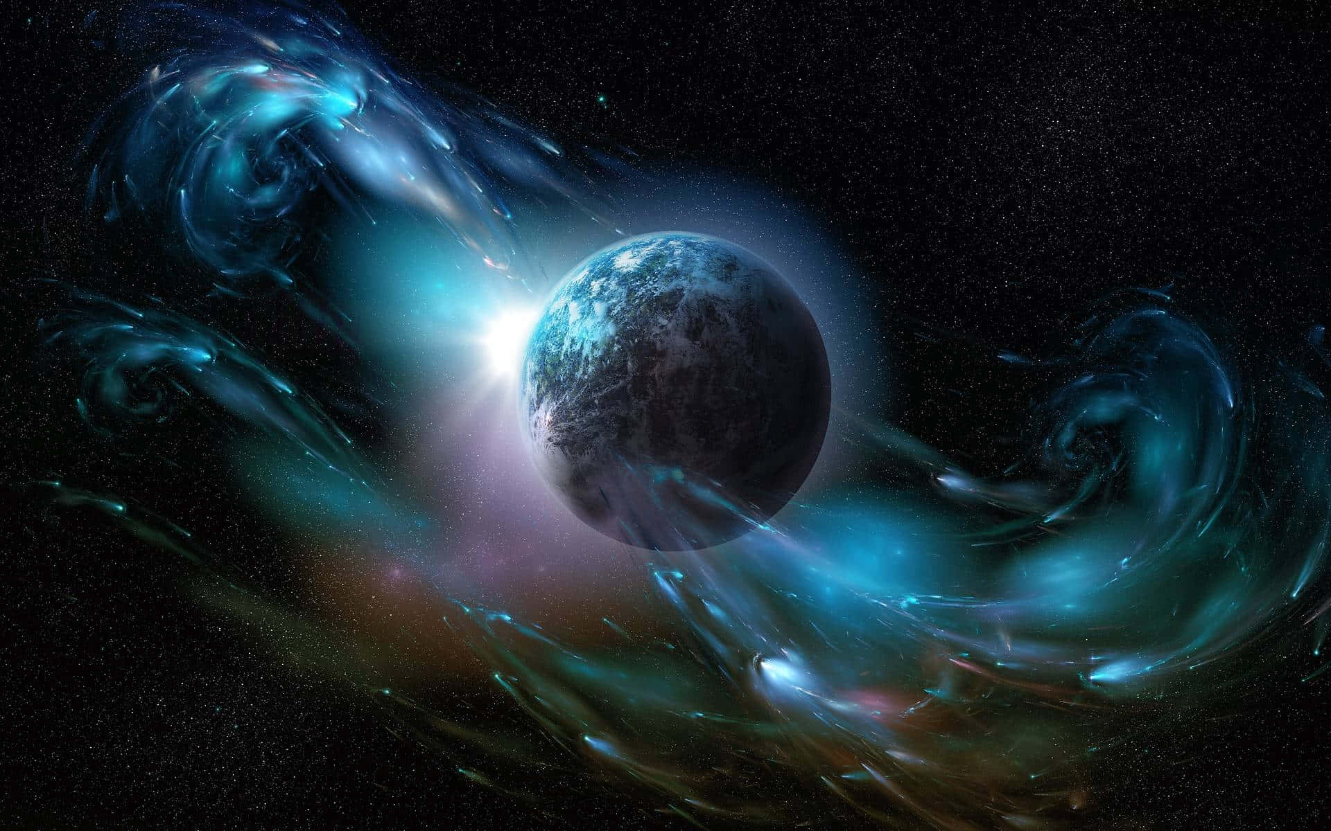 Cool Space 桌布 壁紙 — 一顆發光的藍色行星，被深空中旋轉的宇宙星雲和星場環繞。