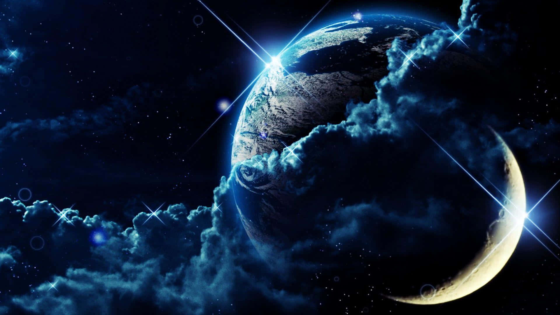 Celestial Bodies 桌布 壁紙 — 一顆發光的藍色行星和彎月漂浮在深空中旋轉的宇宙雲和閃爍的星星之間。