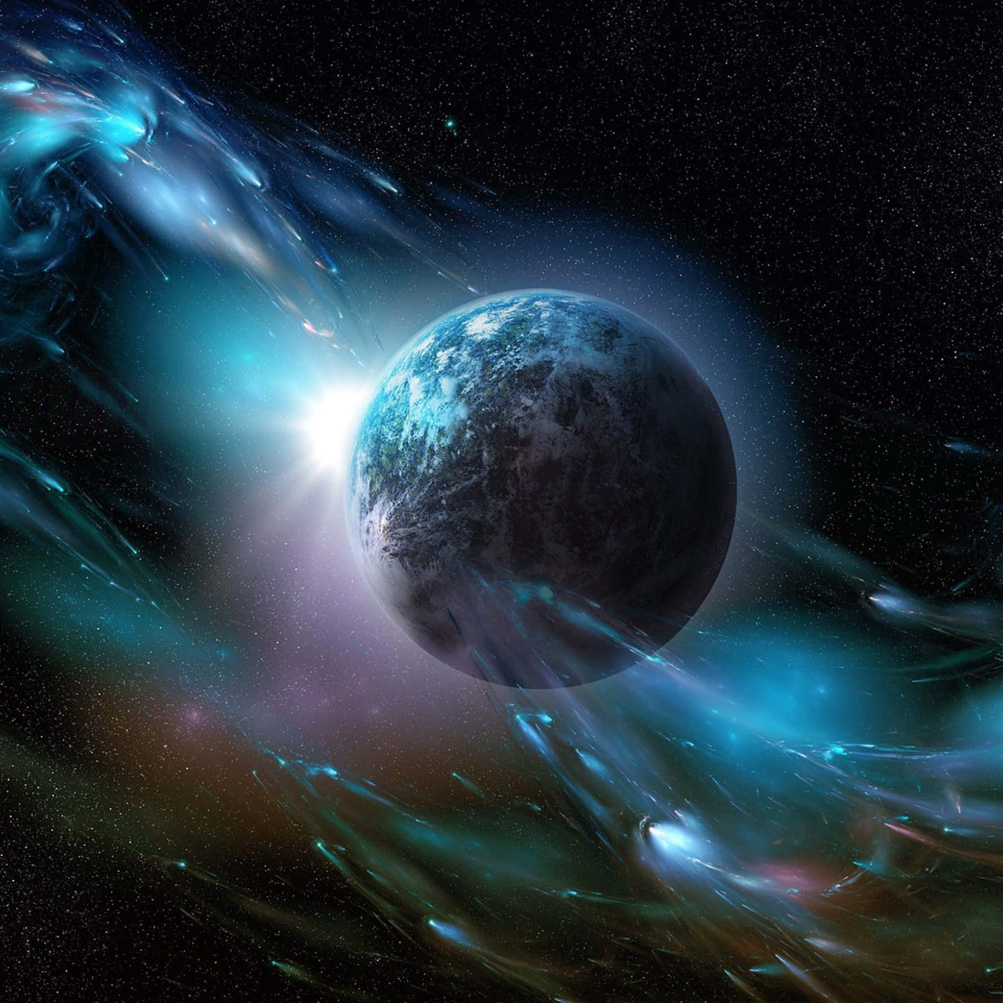 美學 iPad 壁紙 桌布 壁紙 — 一顆發光的藍色行星在廣闊黑暗的太空中，環繞著旋轉的宇宙星雲和星場運行。