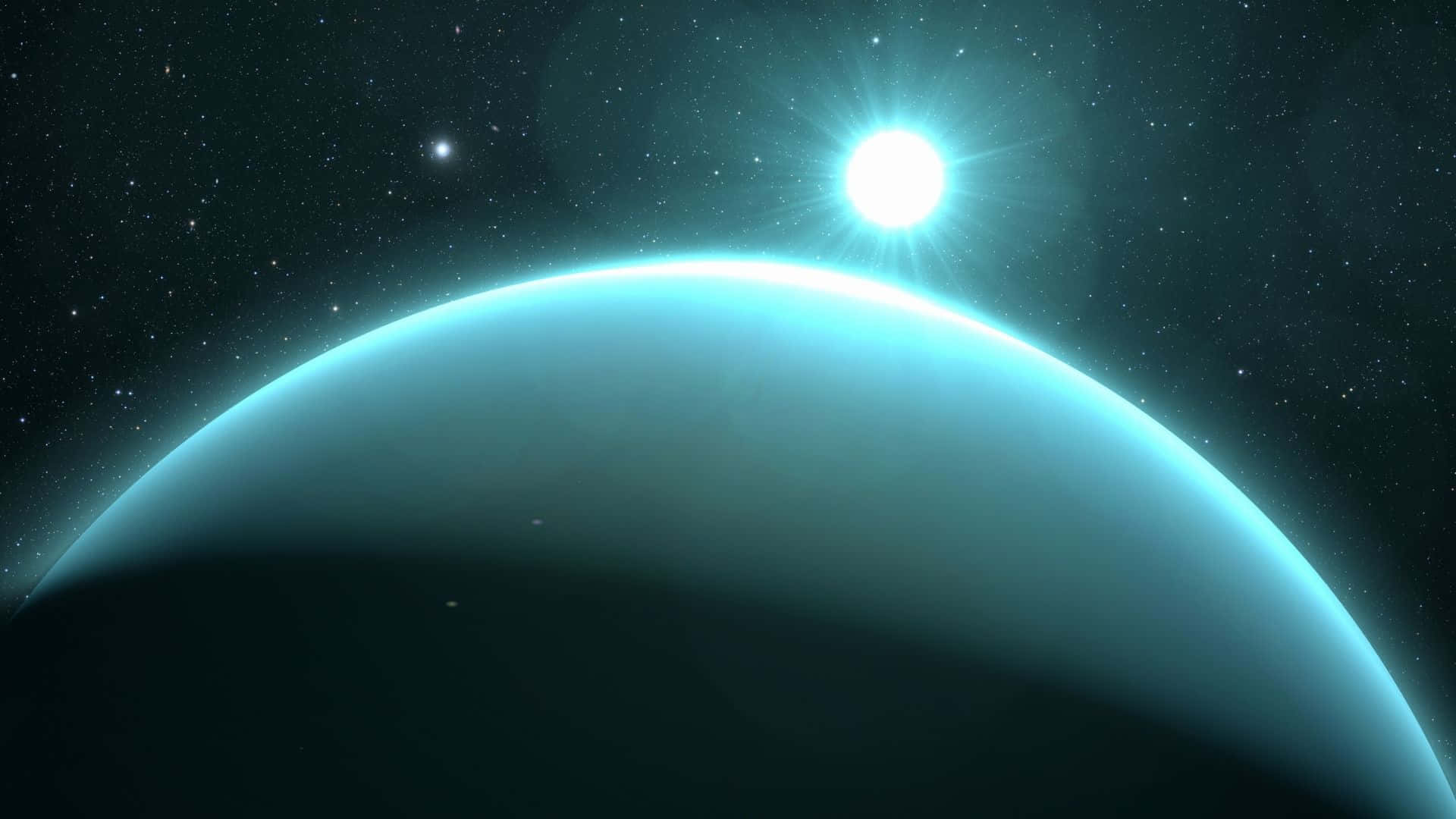 Uranus 桌布 壁紙 — 一顆發光的藍色行星在星空中彎曲，一顆燦爛的太陽在其地平線上方燃燒。