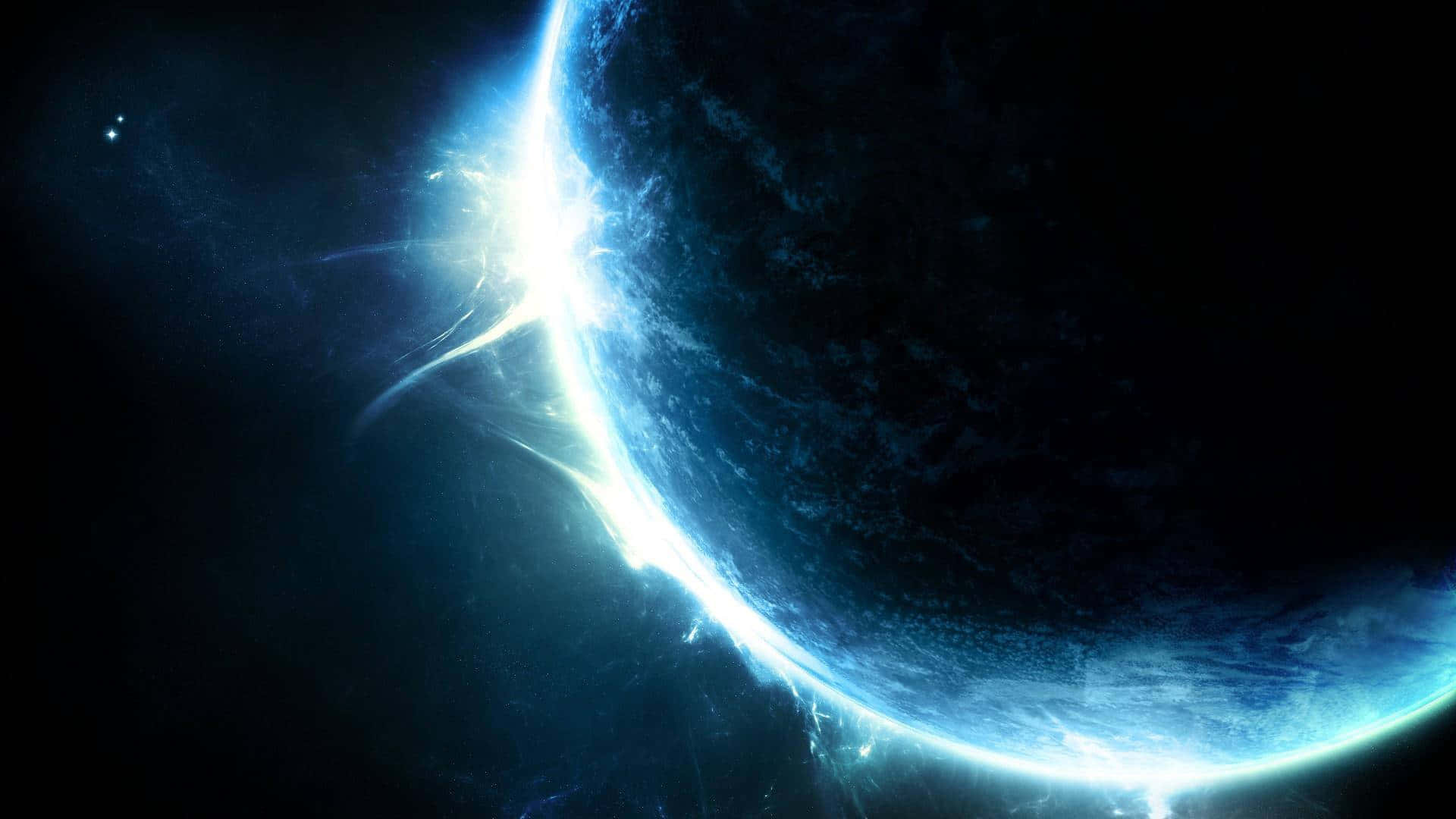 平板電腦 桌布 壁紙 — 一顆發光的藍色行星在黑暗的宇宙中彎曲，光芒四射的光線勾勒出它的地平線。