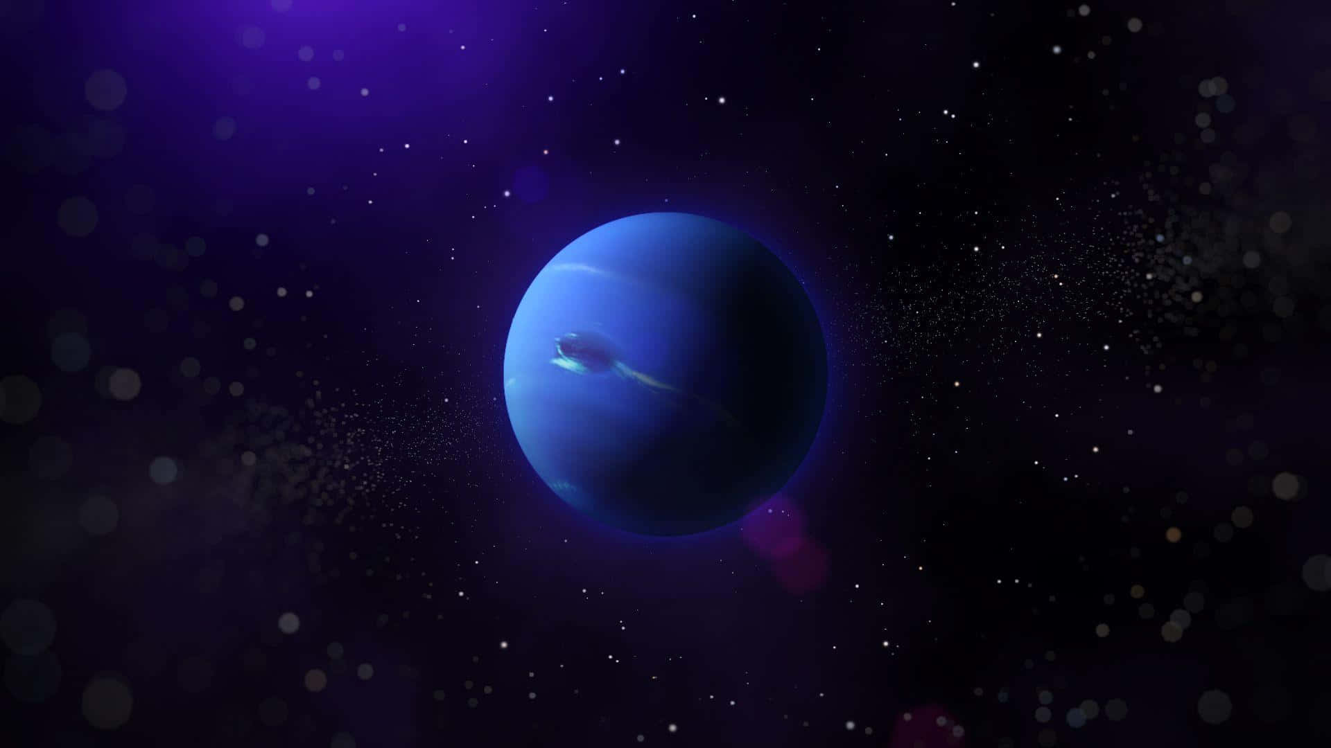 Neptune 桌布 壁紙 — 一顆發光的藍色行星帶有光環，漂浮在佈滿星辰的紫色虛空中，周圍環繞著宇宙塵埃和鏡頭光暈。