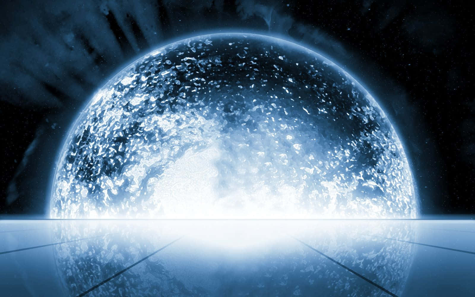 Illusive Man 桌布 壁紙 — 一顆發光的藍色行星帶有冰霜紋理，漂浮在星光宇宙虛空中的反射表面上。