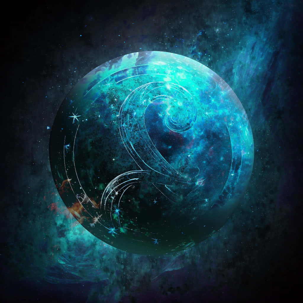 Uranus 桌布 壁紙 — 一顆發光的藍色行星帶有旋轉的宇宙圖案，漂浮在充滿藍綠色和黑暗宇宙塵埃的星空星雲中。