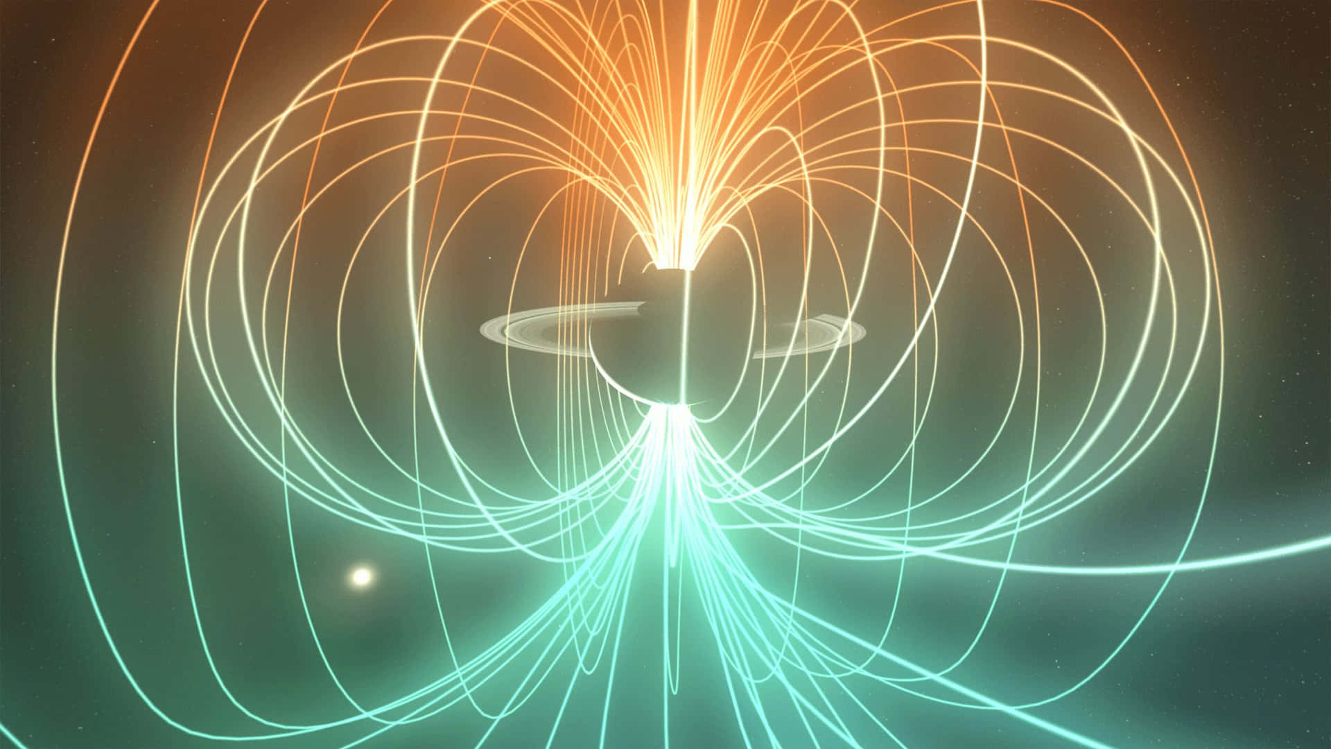 Magnetic Field 桌布 壁紙 — 一顆發光的行星帶有光環，在繁星點點的宇宙背景下散發出充滿活力的橙色和藍綠色磁場線。