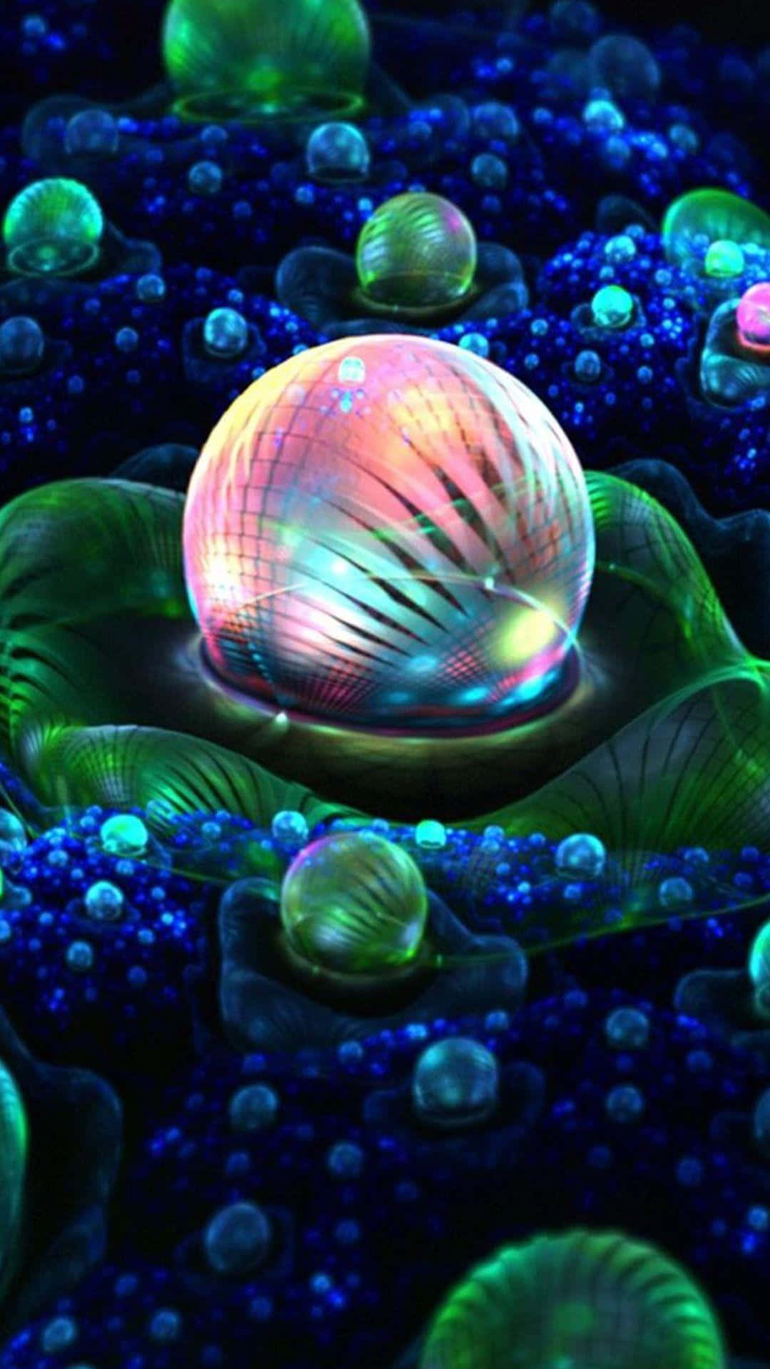 3d Galaxy 桌布 壁紙 — 一顆發光的迪斯科球放置在綠色有機結構上，周圍是藍色和綠色的泡泡，形成超現實的數位景觀。