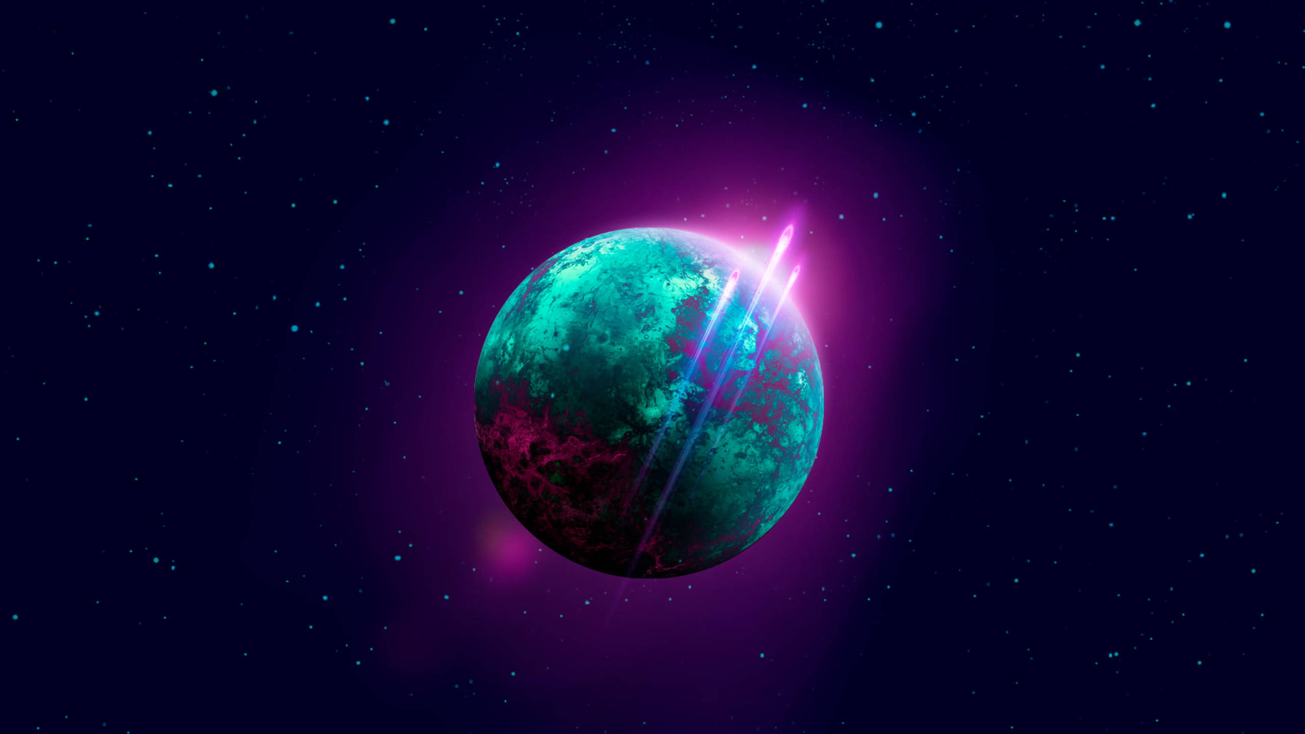 外太空 桌布 壁紙 — 一顆發光的青綠色和洋紅色行星，一道明亮的紫色能量束穿過其大氣層，背景是星光燦爛的宇宙。