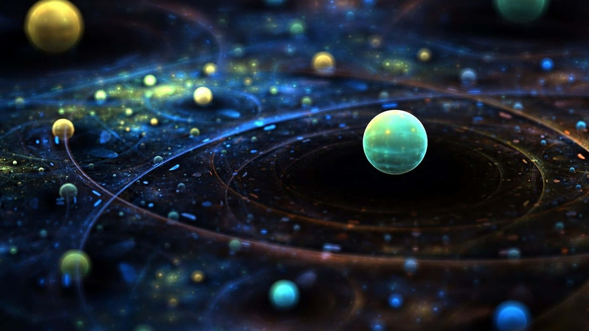 Beautiful Space 桌布 壁紙 — 一顆發光的青綠色行星在旋轉的宇宙環中運行，周圍漂浮著金色和藍色的球體，背景是黑暗的星空虛空。