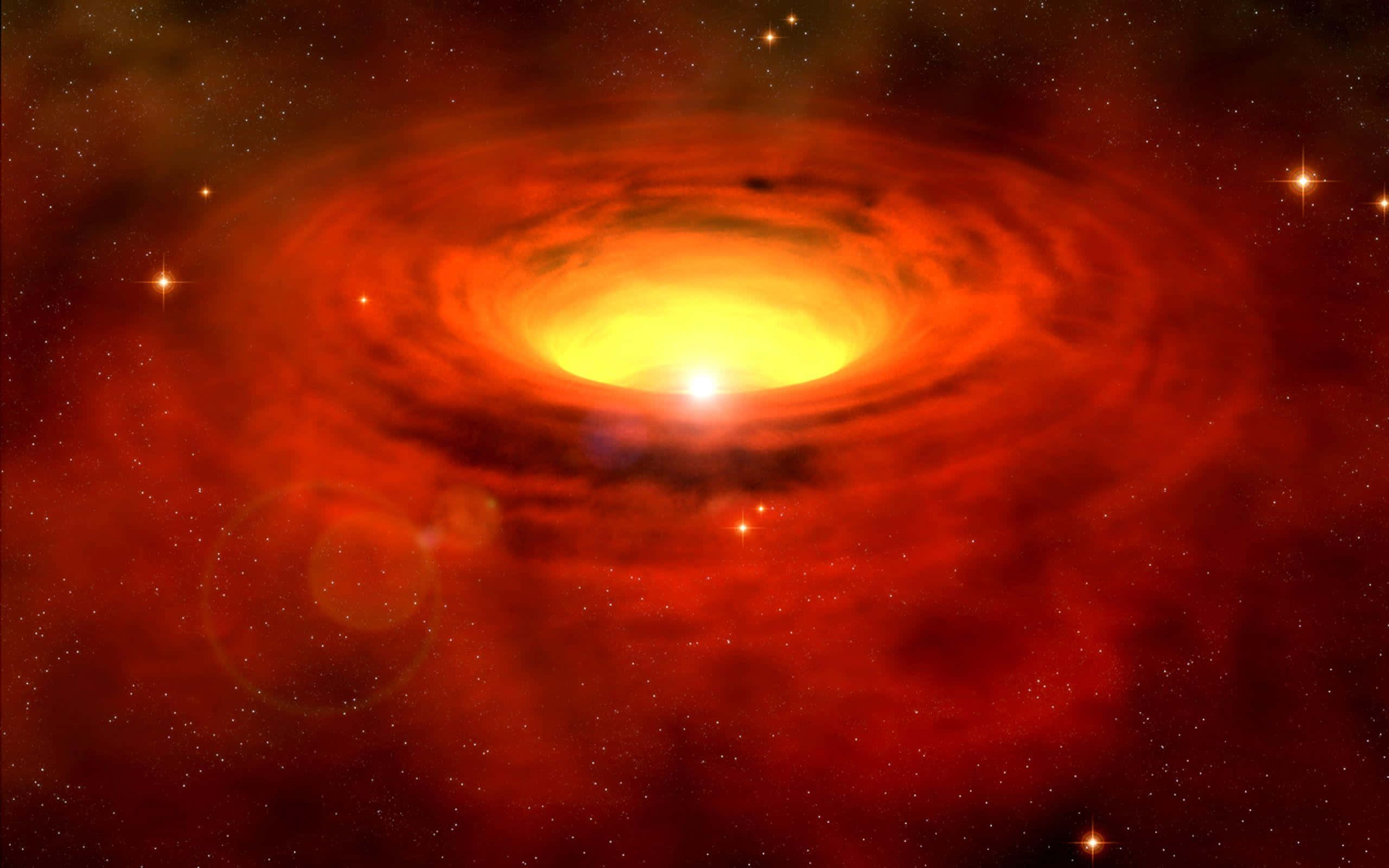 Quasar 桌布 壁紙 — 一顆發光的黃色恆星位於旋轉的紅色星雲中心，周圍環繞著遙遠的恆星和鏡頭光暈。
