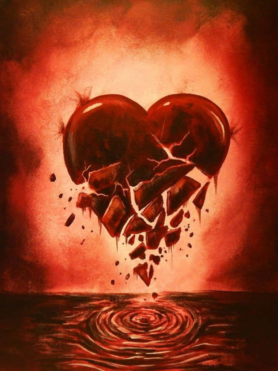 Heart Art 桌布 壁紙 — 一顆破碎的心漂浮在漣漪的水面上，背景是帶有裂縫和滴落的火紅天空。