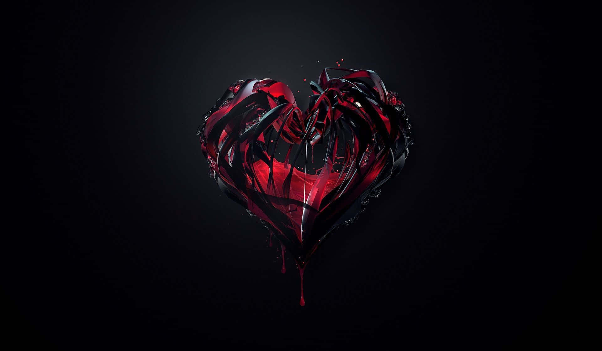 Broken Heart Black 桌布 壁紙 — 一顆破碎的深紅色心臟，邊緣滴落，在深邃的黑色虛空中發光。