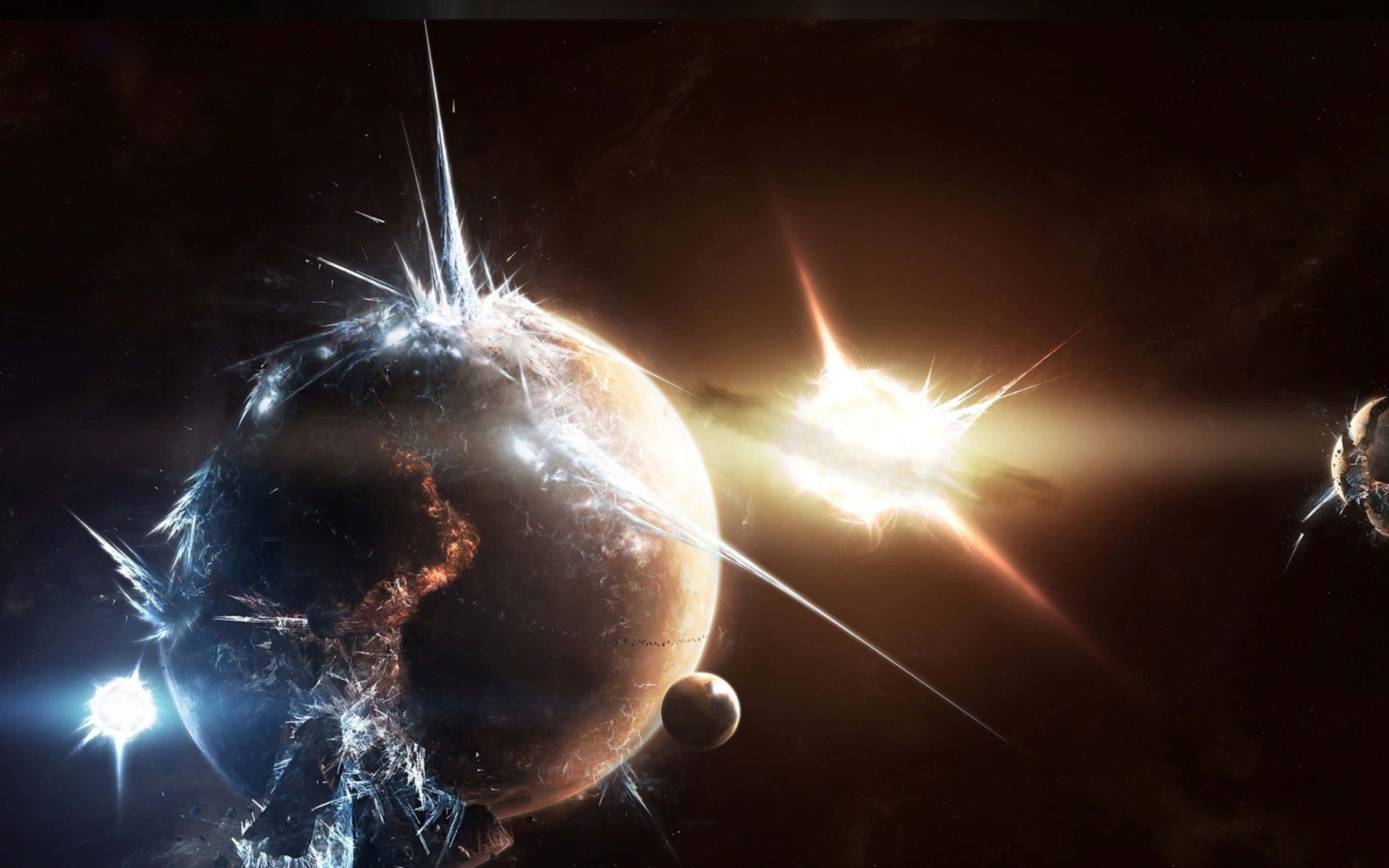 Trippy Space 桌布 壁紙 — 一顆破碎的行星帶有發光的裂縫，在一個有遙遠天體的宇宙場景中繞著一顆明亮的恆星運行。