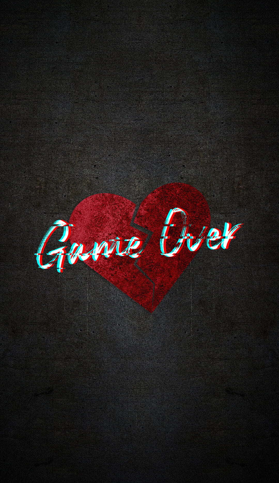 Dark Game Over 桌布 壁紙 — 一顆破裂的紅色心臟，帶有故障風格的「Game Over」文字，在深色紋理背景上發光。