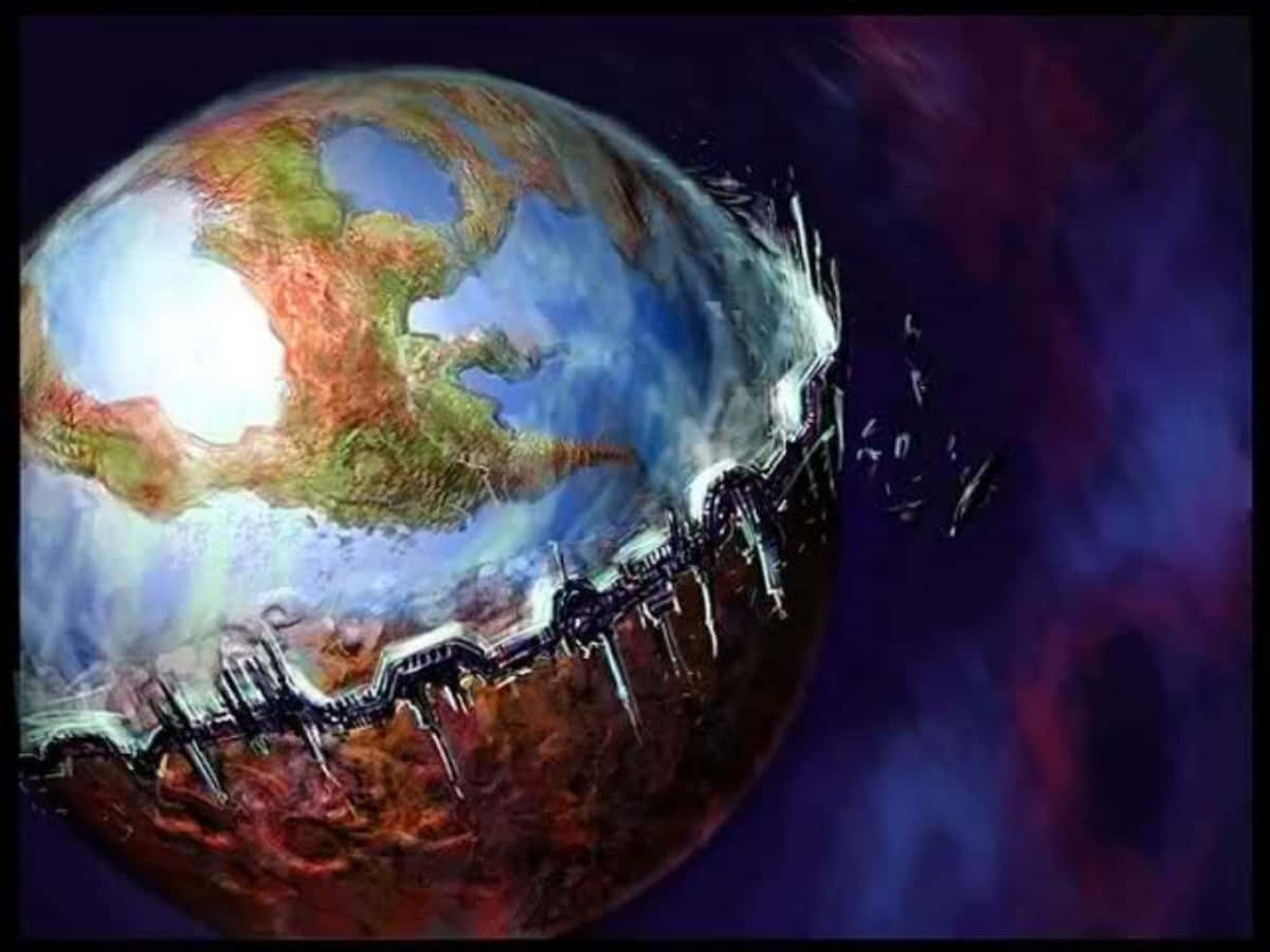 Terraforming 桌布 壁紙 — 一顆破裂的行星，帶有暴露的電路和發光的大陸，漂浮在紫色和紅色的星雲中。