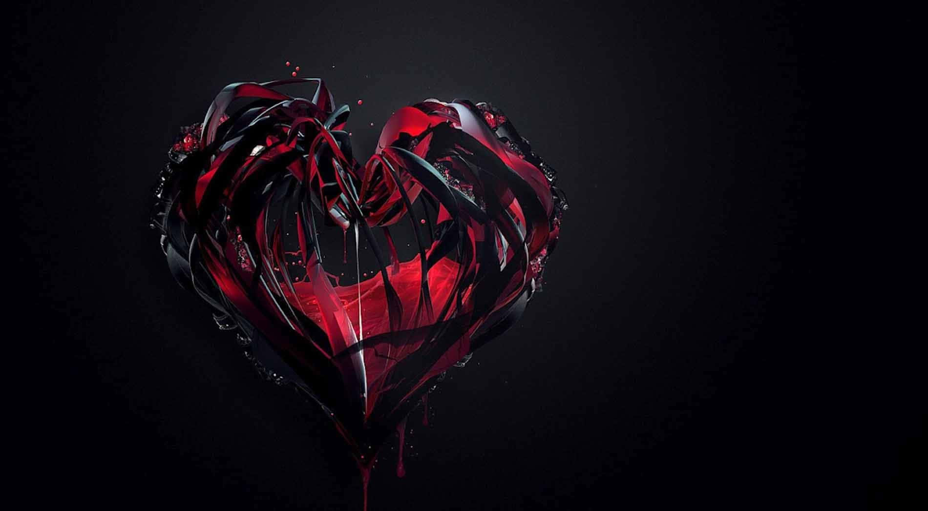 Red Heart 桌布 壁紙 — 一顆碎裂的深紅色心臟，邊緣滴落，在深邃的黑色虛空中發光。