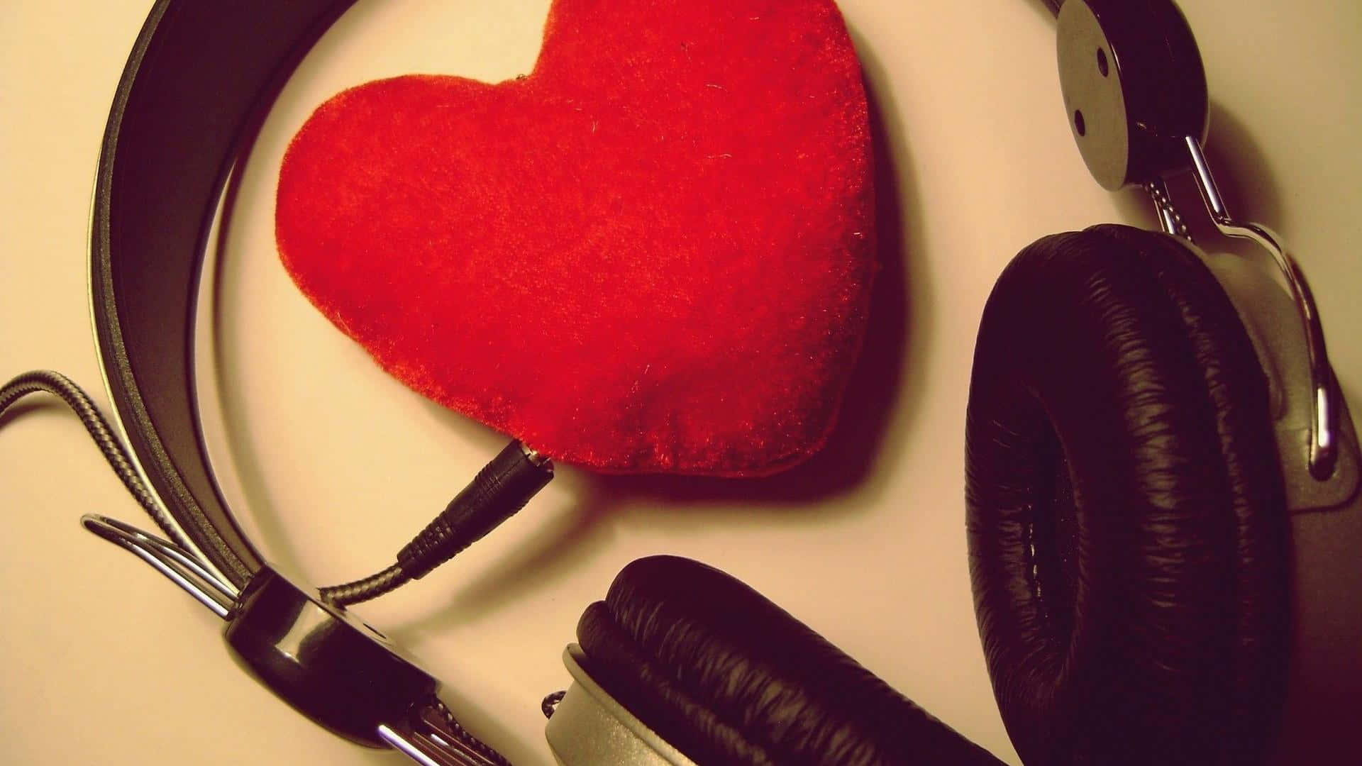 Cute Music 桌布 壁紙 — 一顆紅色氈心放在淺色表面上，旁邊是黑色頭戴式耳機，在溫暖的燈光下。
