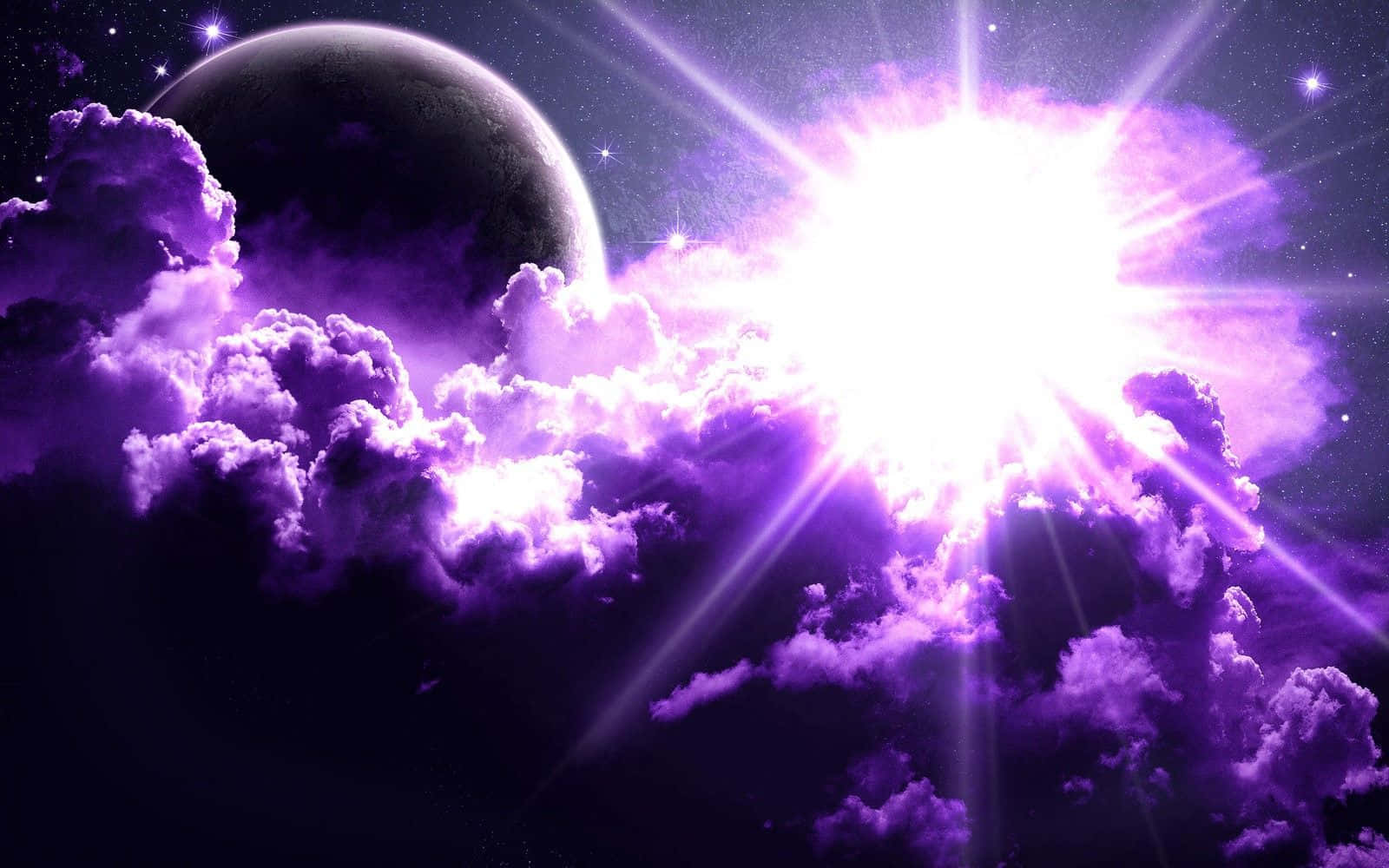 可愛少女風gif 桌布 壁紙 — 一顆耀眼的紫色太陽穿過宇宙雲層，在繁星虛空中一顆黑暗行星旁邊爆發。