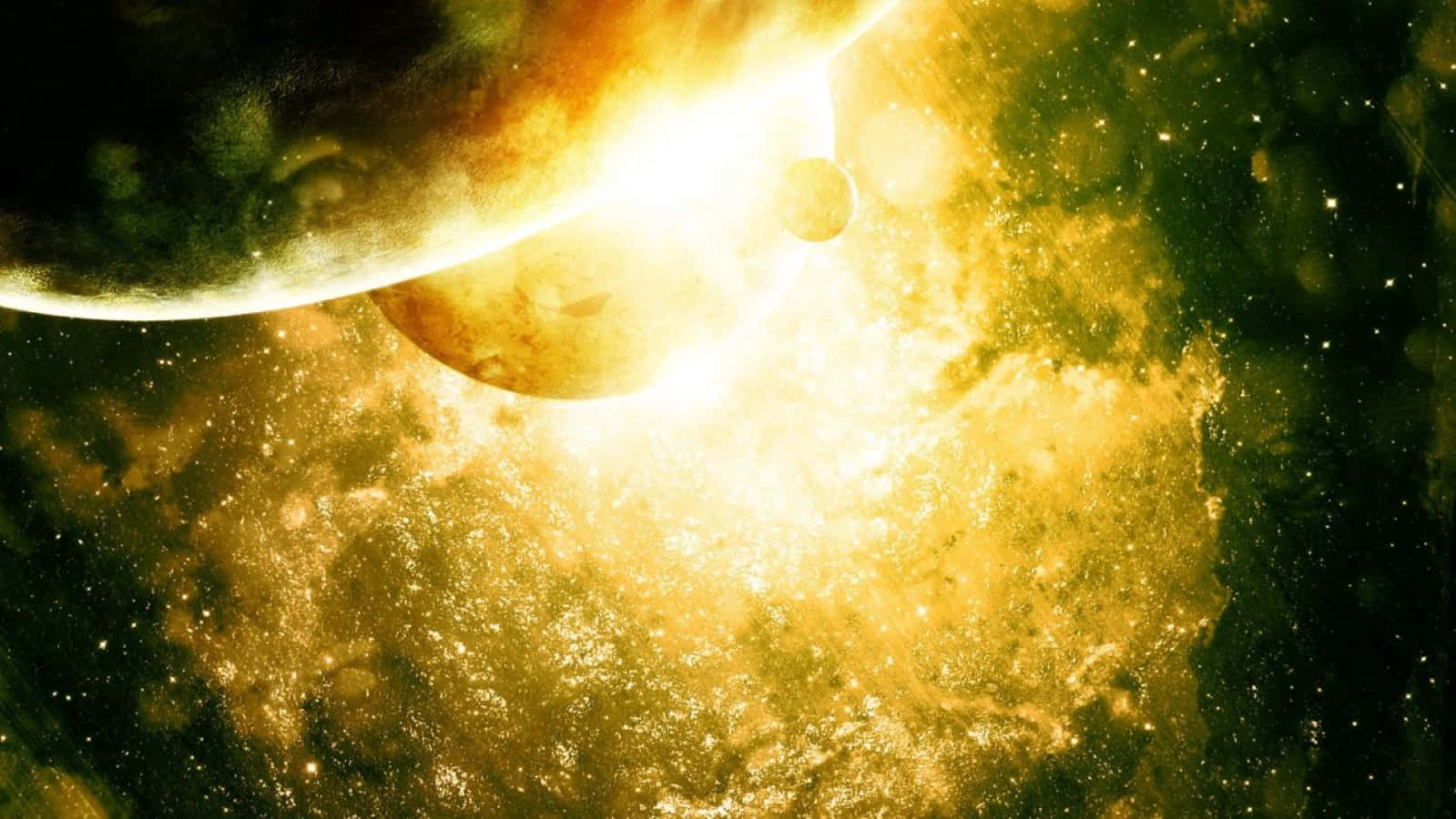 Yellow Galaxy 桌布 壁紙 — 一顆耀眼金色太陽在行星和月球後方燃燒，周圍是充滿閃爍恆星的旋轉星雲。