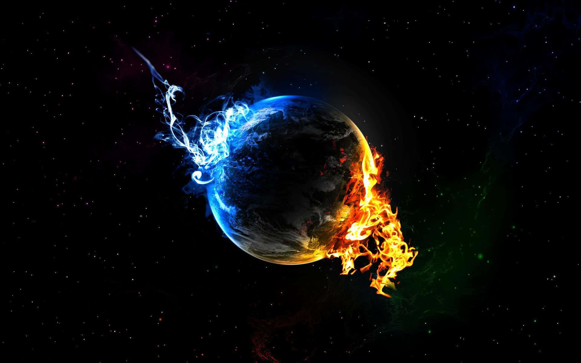 3d Earth 桌布 壁紙 — 一顆行星一分為二，一半被熊熊烈火吞噬，另一半則在繁星點點的宇宙背景下旋轉著冰冷的藍色能量。