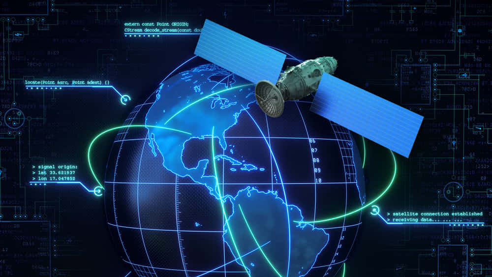 Satellite Technology 桌布 壁紙 — 一顆衛星圍繞著一個發光的藍色地球運行，周圍環繞著數位電路和數據流，呈現未來科技介面。