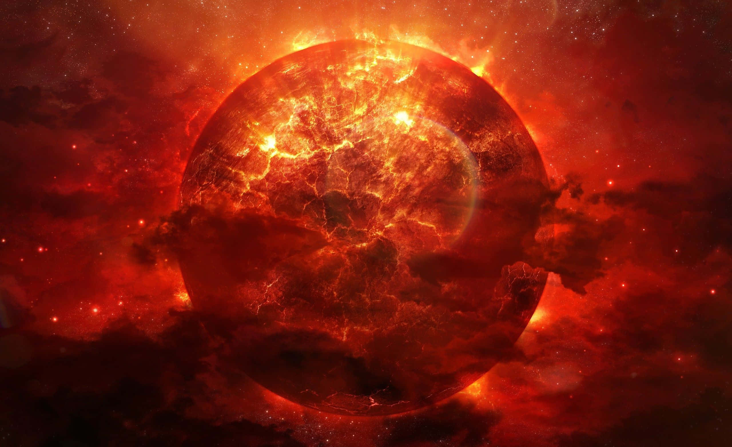 燃燒 桌布 壁紙 — 一顆表面有發光噴發的熾熱紅色行星，主宰著充滿恆星和宇宙塵埃的旋轉星雲。
