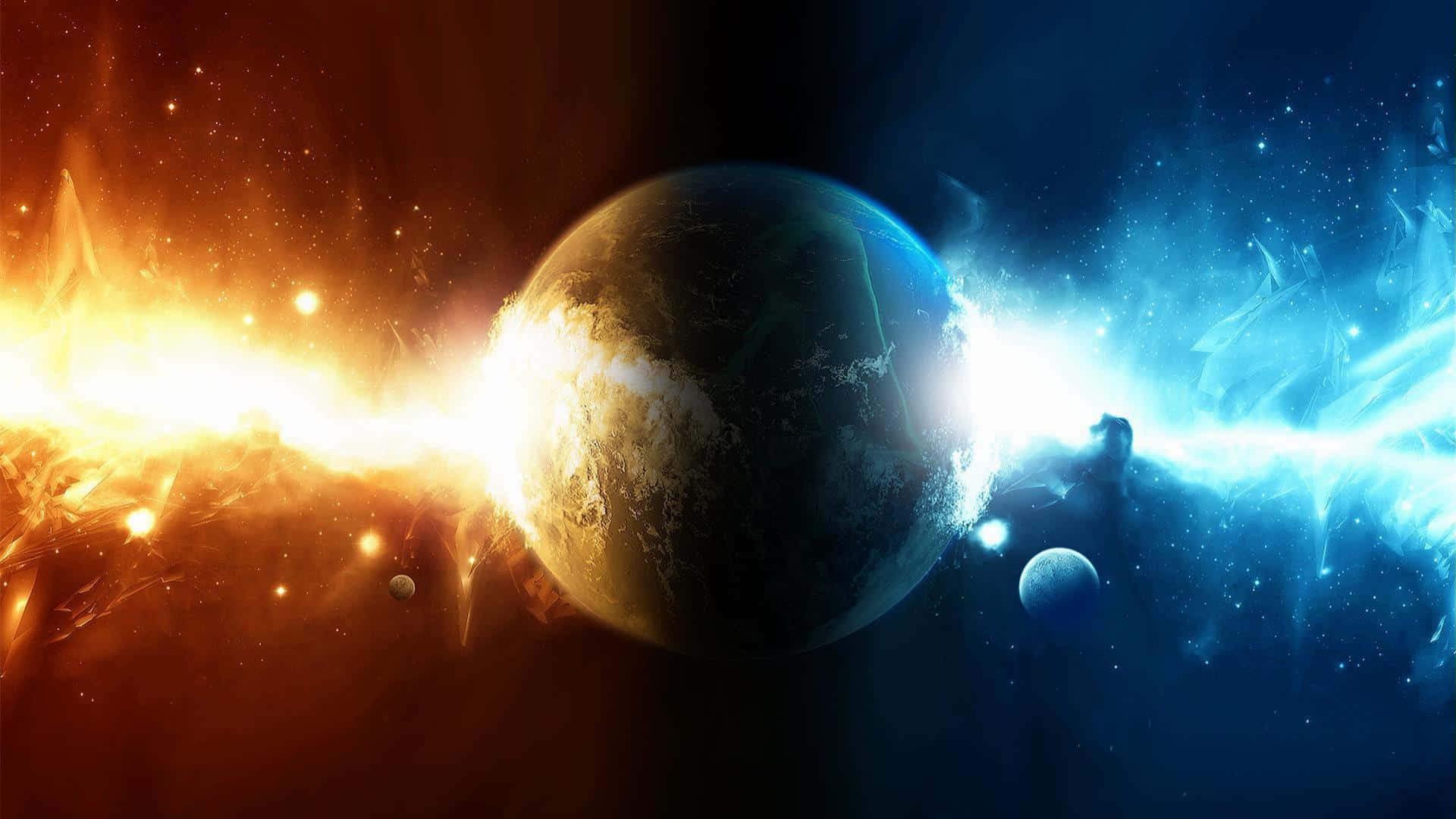 Really Cool 桌布 壁紙 — 一顆被耀眼光束一分為二的宇宙行星，周圍環繞著熾熱的橙色和冰冷的藍色星雲。