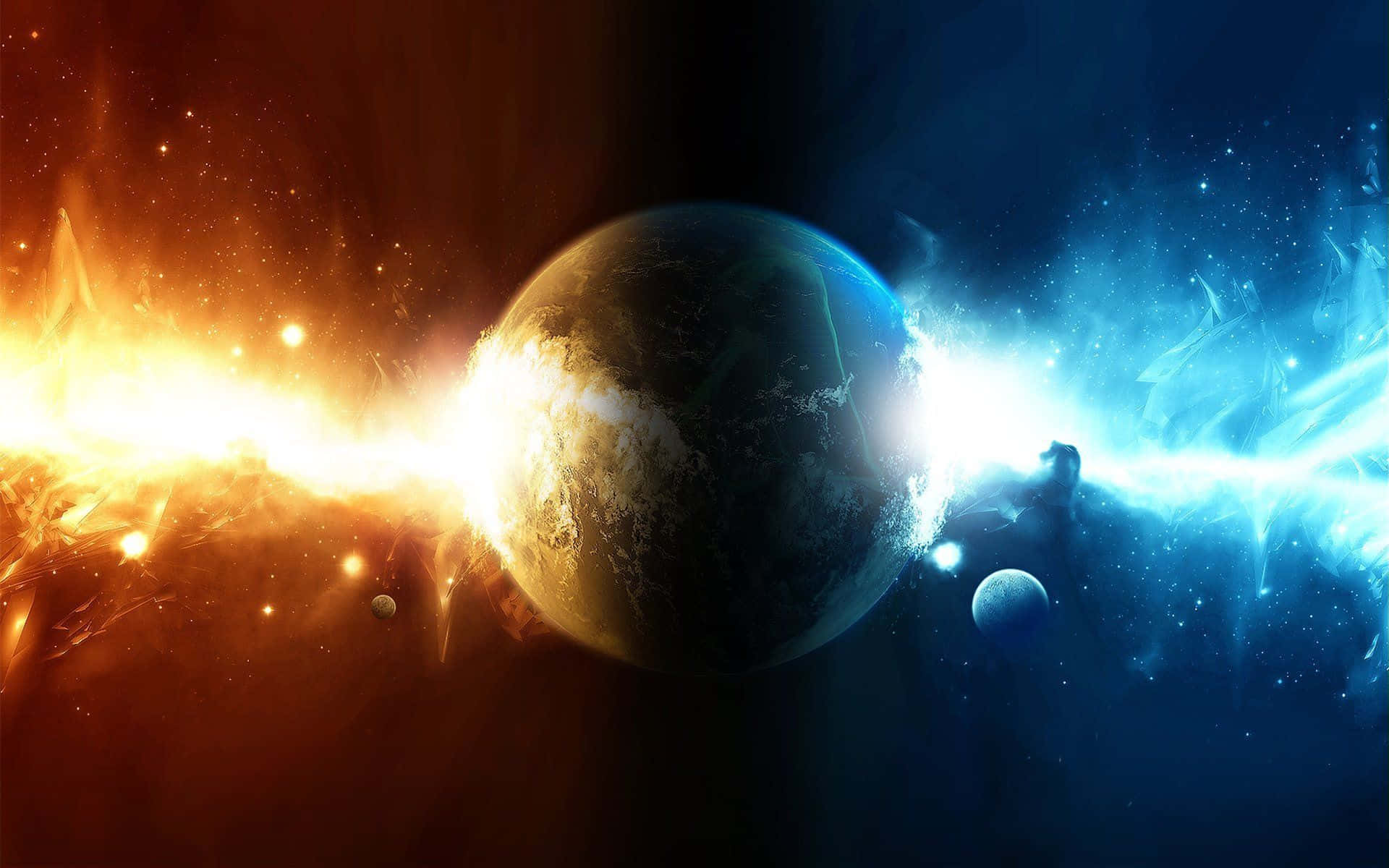 Energy 桌布 壁紙 — 一顆被耀眼光束分割的宇宙行星，周圍環繞著熾熱的橙色和冰冷的藍色星雲。